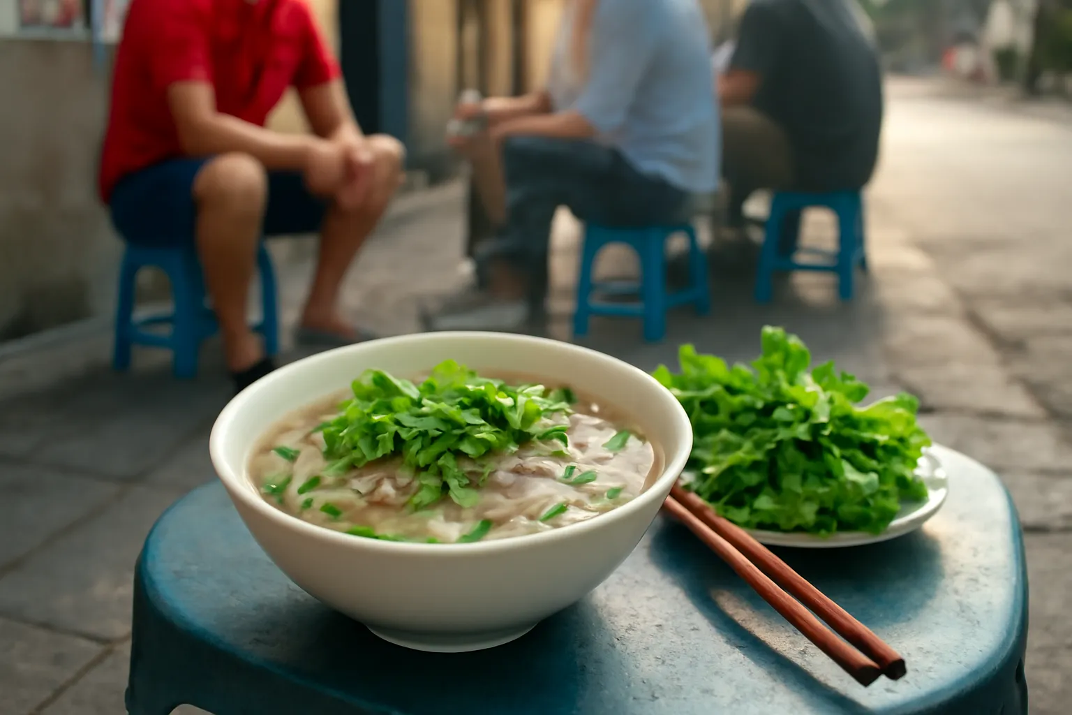 Bát phở bốc khói trên bàn gỗ nhỏ của một quán vỉa hè buổi sáng