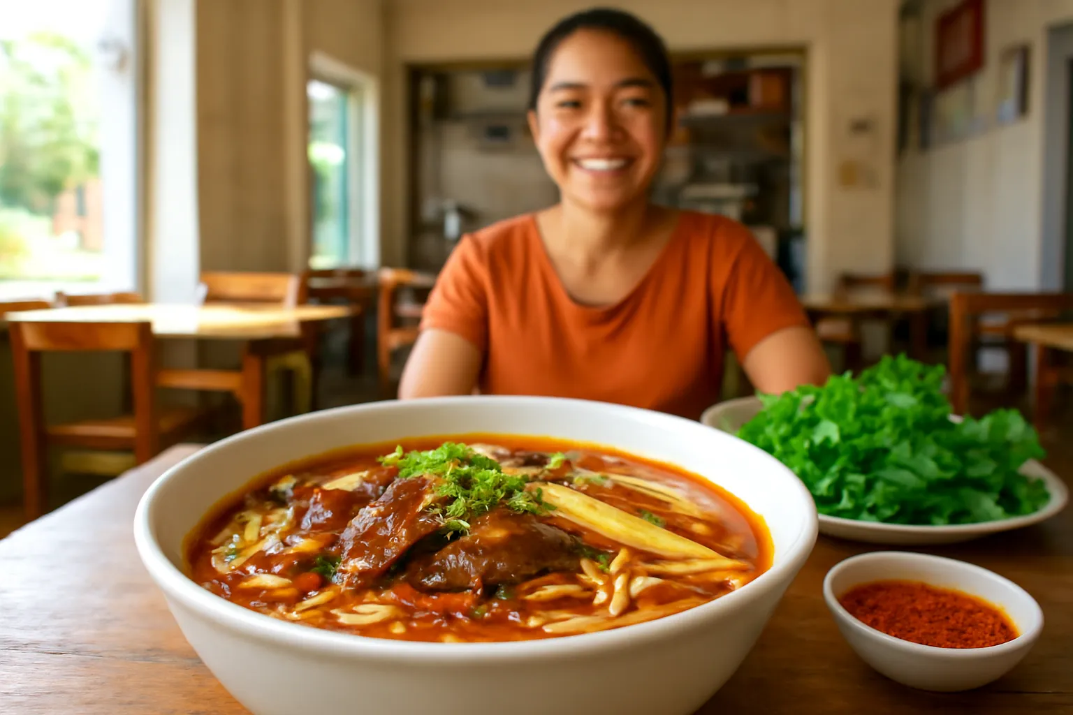 Tô bún bò Huế đỏ màu sả ớt trong quán gia đình nhỏ ấm cúng