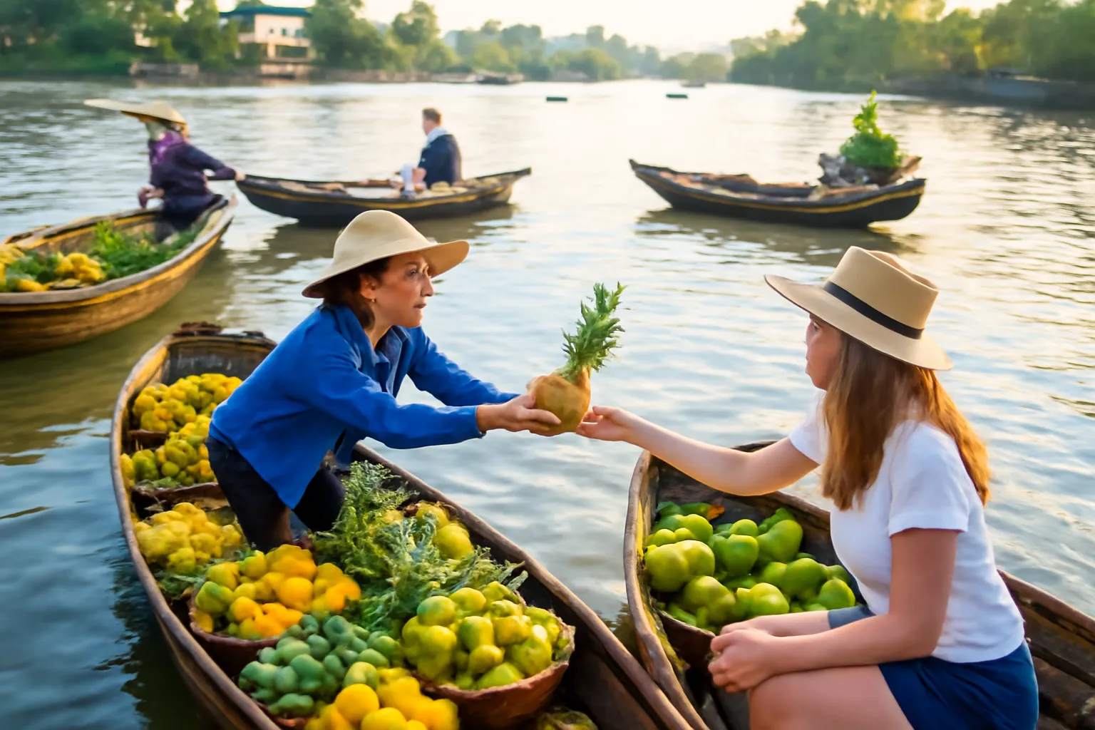 Ghe chở đầy trái cây trên chợ nổi buổi sáng sớm mặt sông lấp lánh
