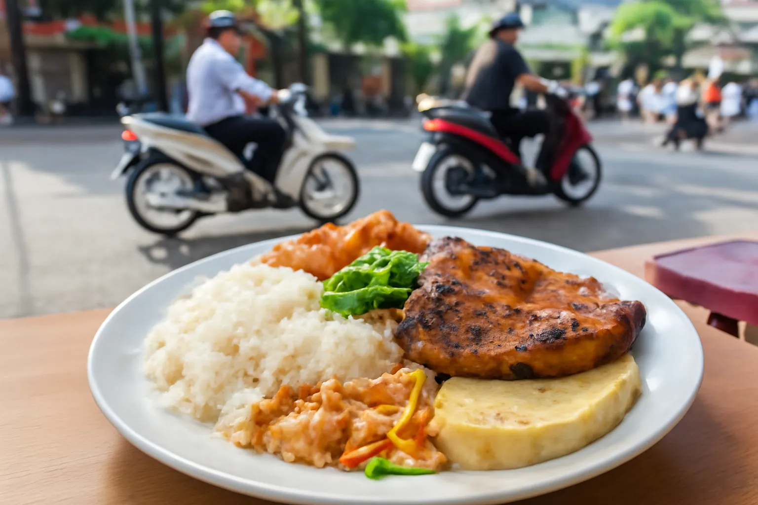 Đĩa cơm tấm sườn nướng bì chả trên bàn quán vỉa hè buổi sáng