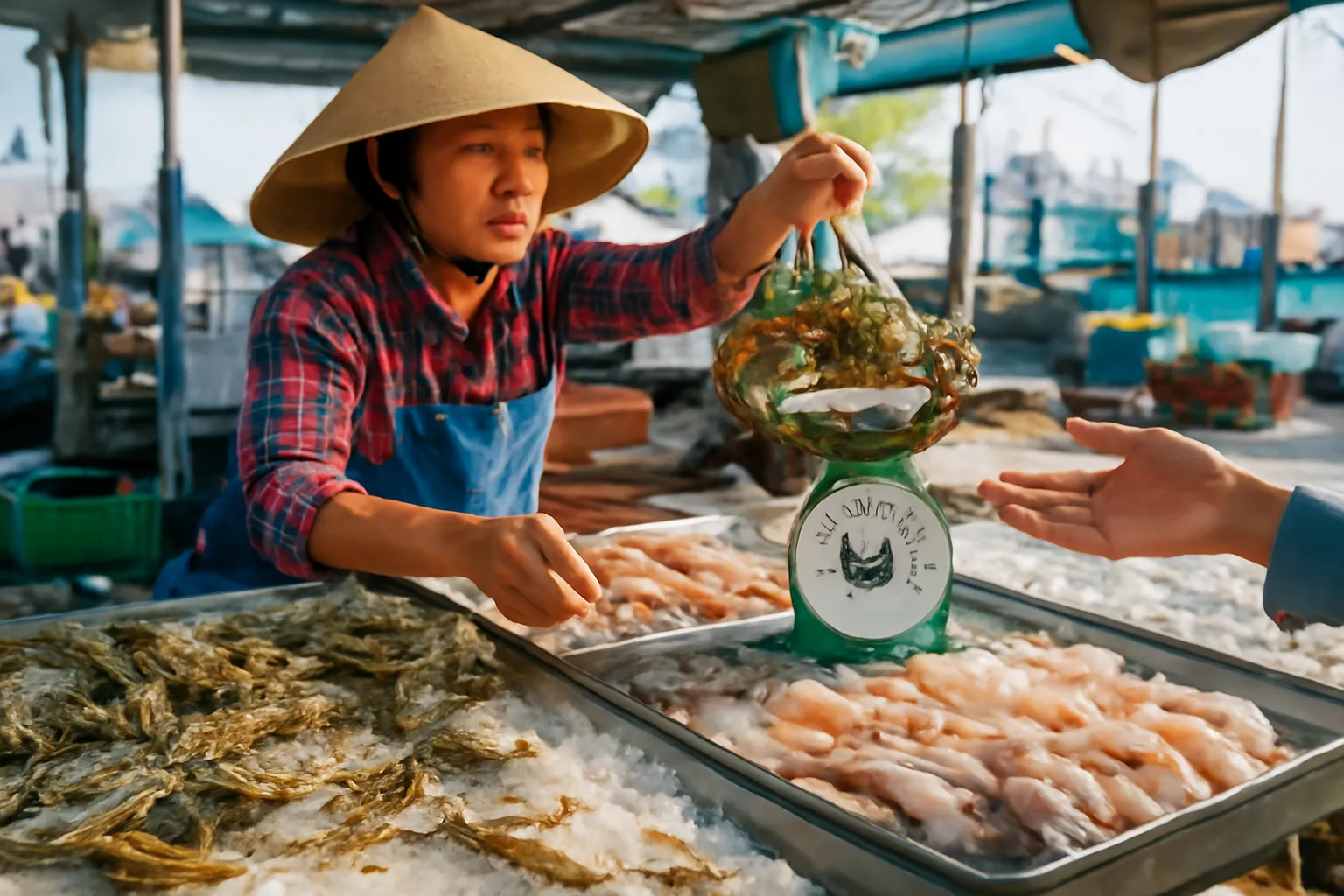Bàn hải sản tươi trong chợ cá ven biển với tôm cua ghẹ trong khay đá