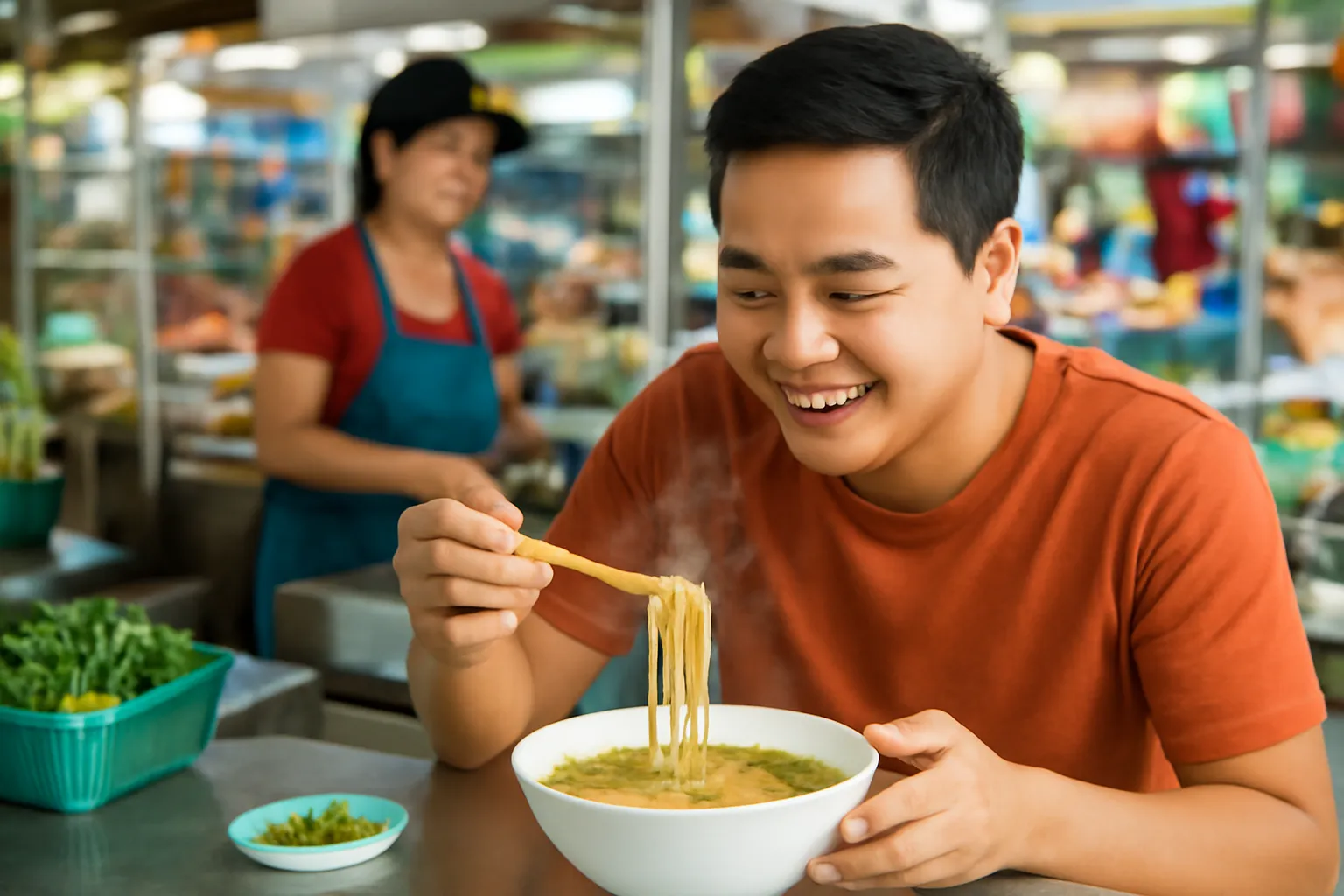 Người đàn ông ngồi ăn bát bún một mình ở quầy hàng trong chợ