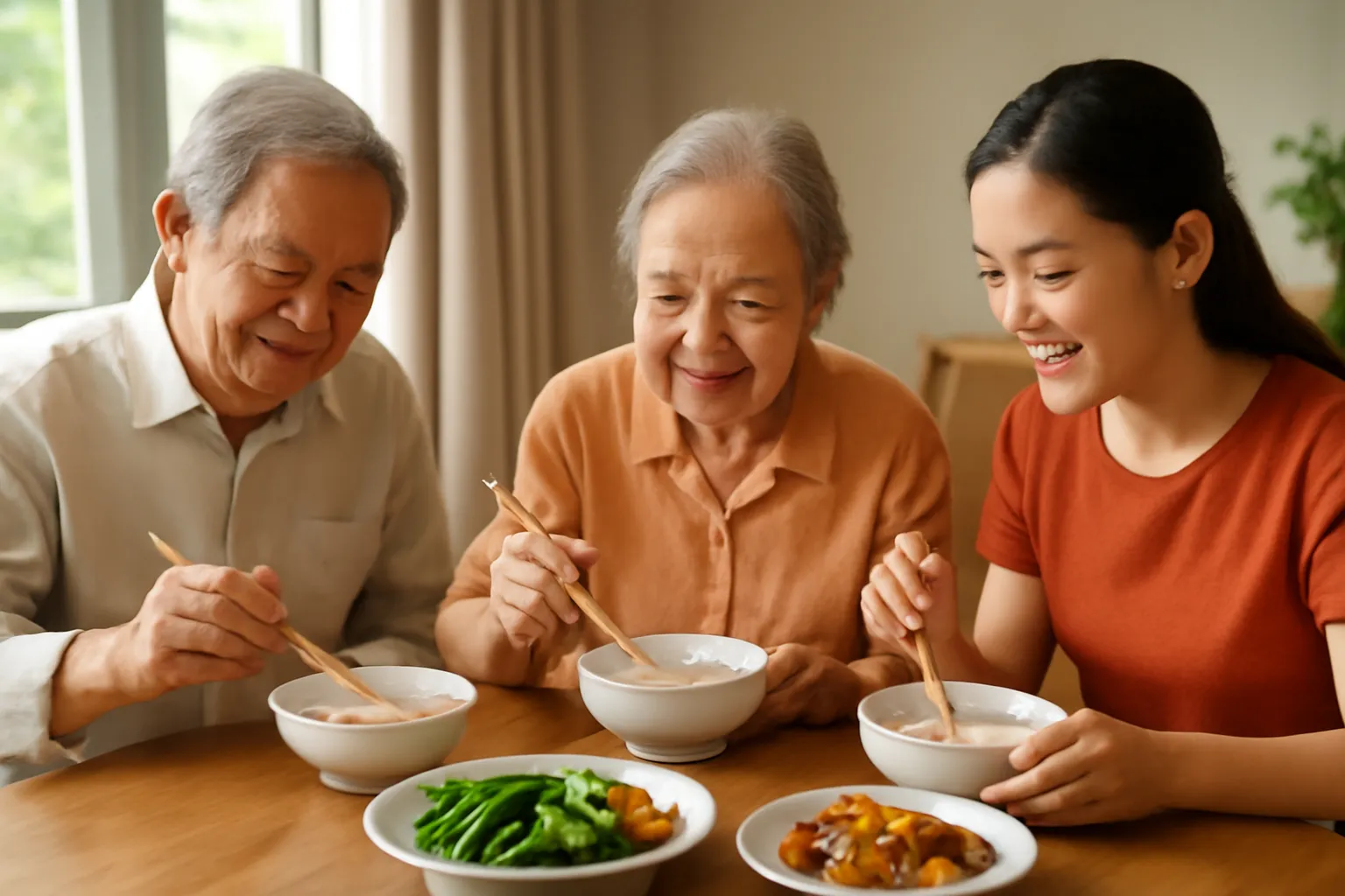 Bữa cơm nhẹ với cháo, rau luộc và cá kho bày trên bàn gỗ