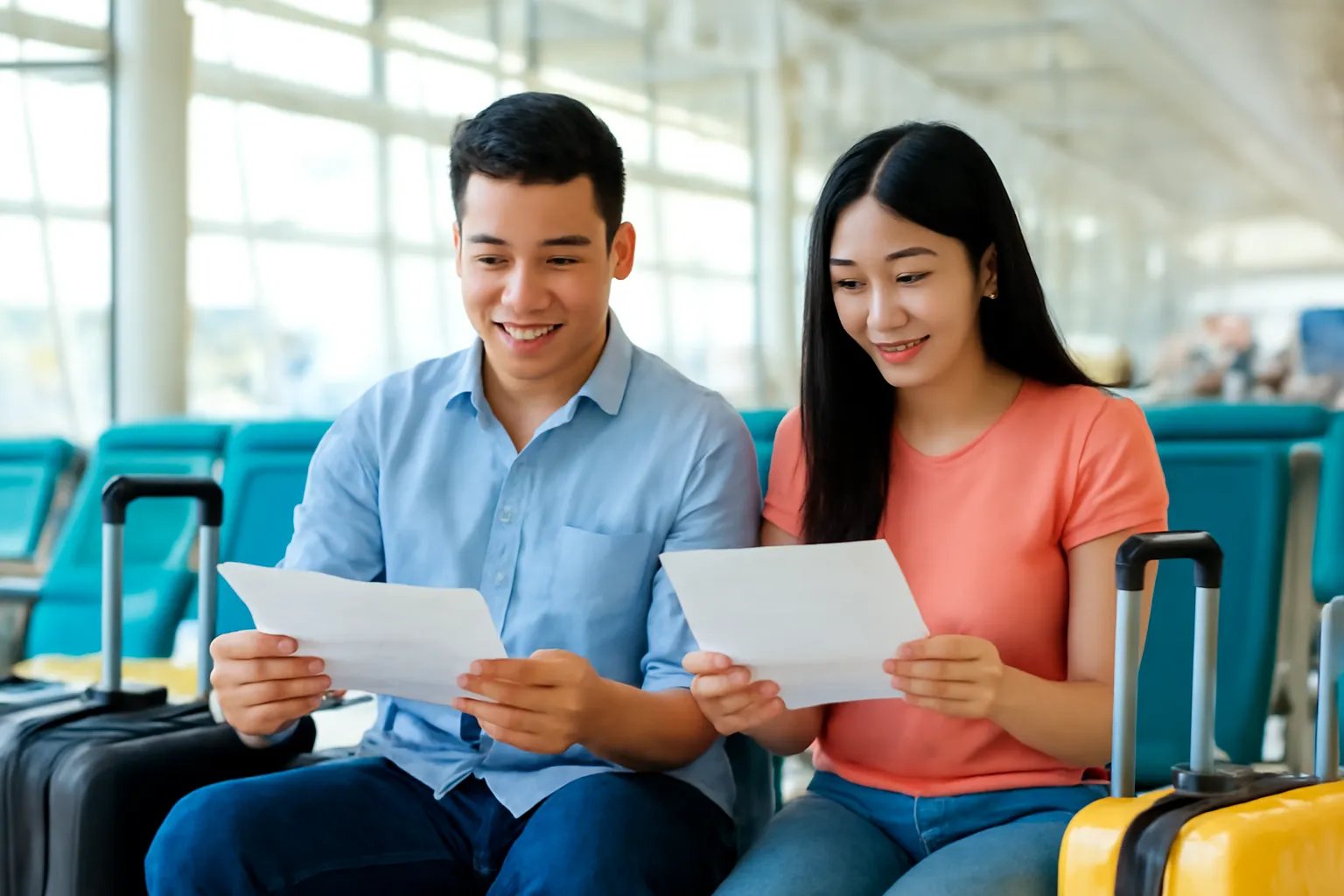 Đôi vợ chồng ngồi đọc giấy tờ ở ghế chờ sân bay trước giờ bay