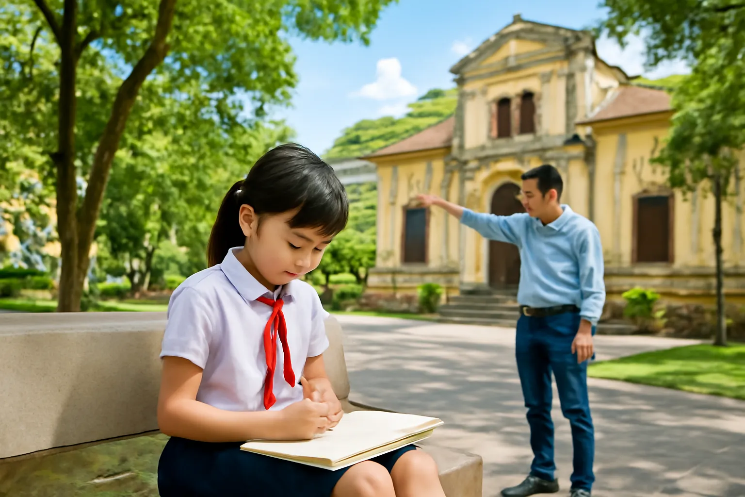 Bé gái tiểu học ngồi vẽ vào cuốn sổ trong sân bảo tàng có cây xanh