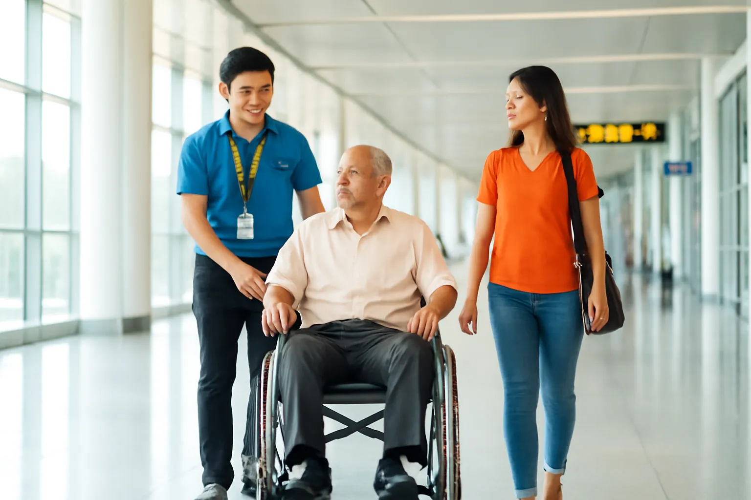 Cụ ông ngồi xe lăn được nhân viên sân bay đẩy qua sảnh sáng sủa