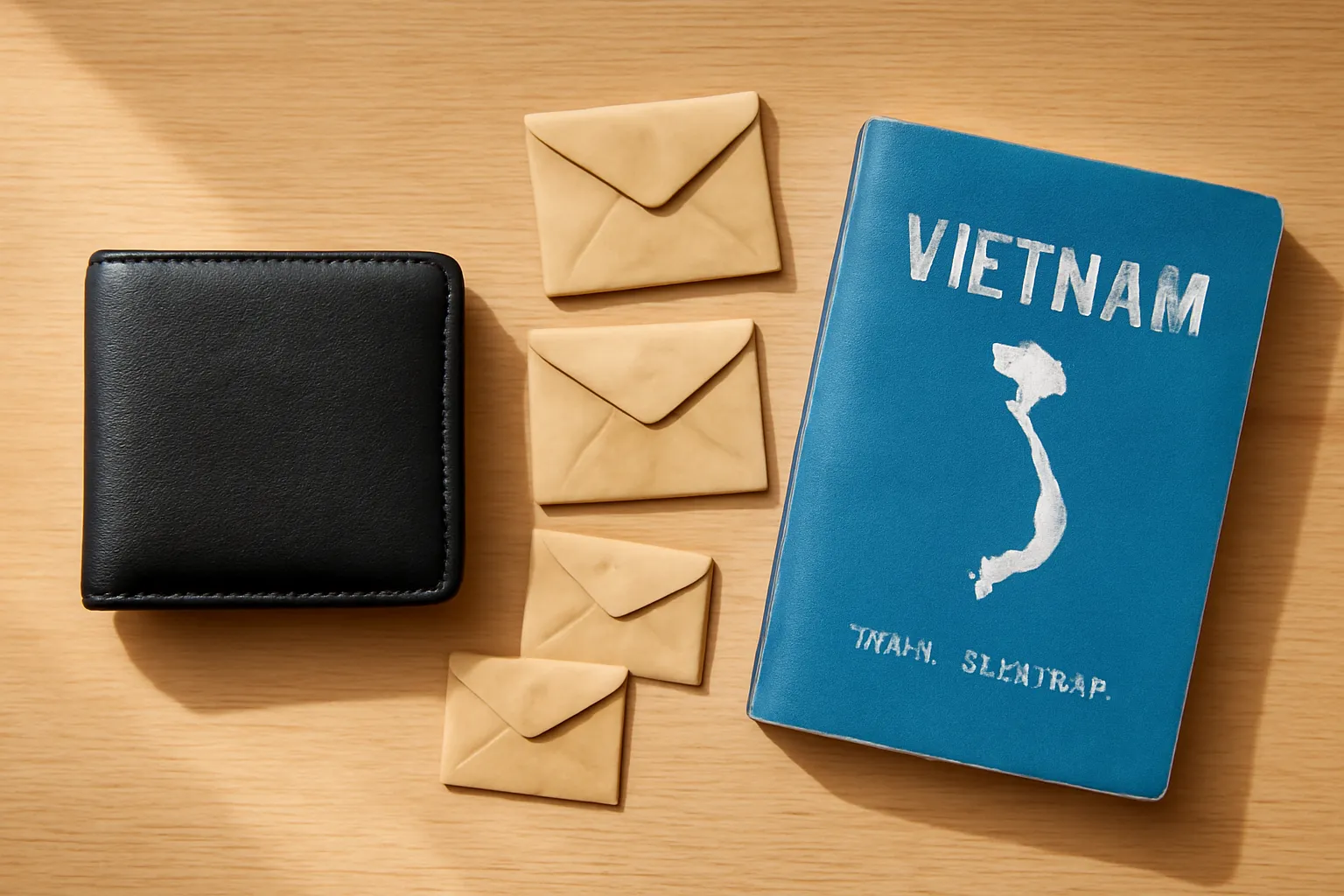 Chiếc ví mở cùng mấy phong bì nhỏ xếp ngay ngắn trên bàn gỗ