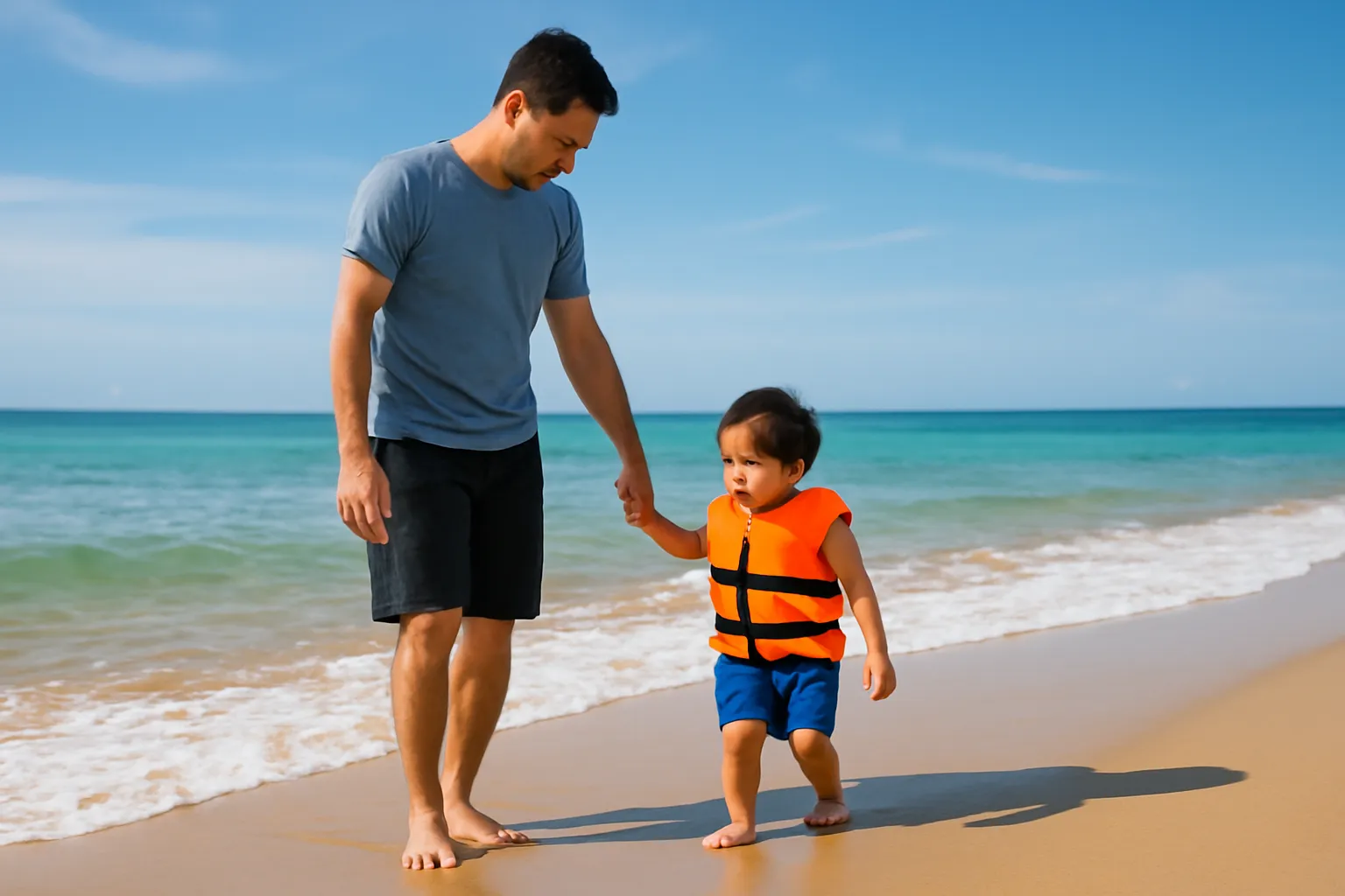 Người cha nắm tay con nhỏ đứng ở mép sóng trên bãi biển buổi sáng
