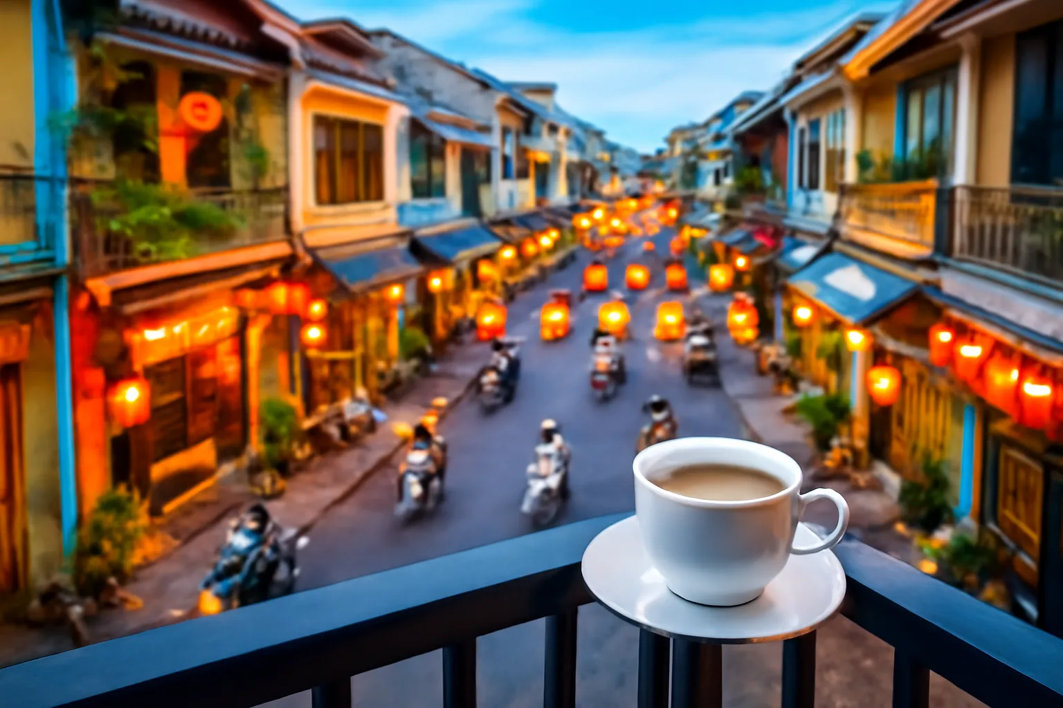 Con phố đêm lên đèn nhìn từ ban công một căn phòng nhỏ