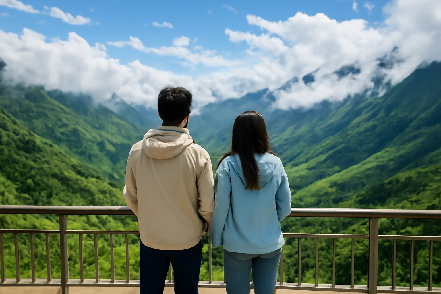 Đôi bạn trẻ đứng trên đèo nhìn mây trôi qua thung lũng xanh