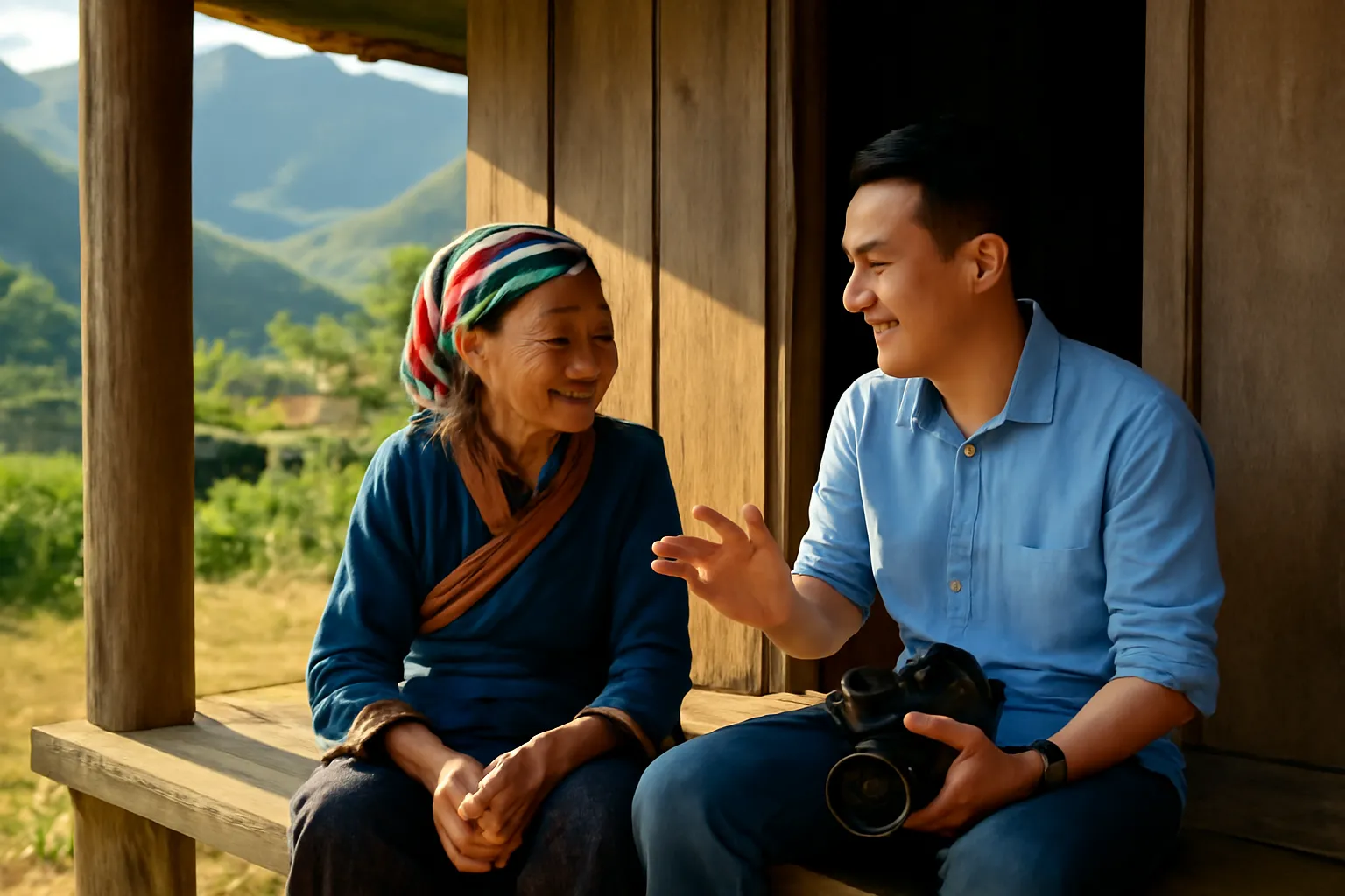 Người chụp ảnh ngồi trò chuyện cùng bà cụ trước hiên nhà ở bản