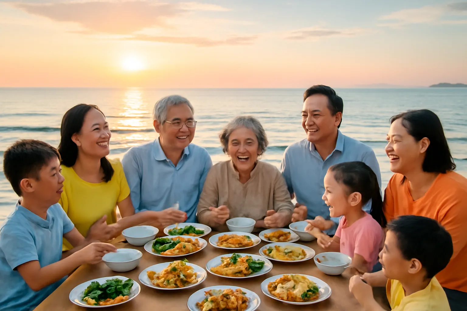 Đại gia đình nhiều thế hệ ngồi quanh bàn ăn tối dài ven biển