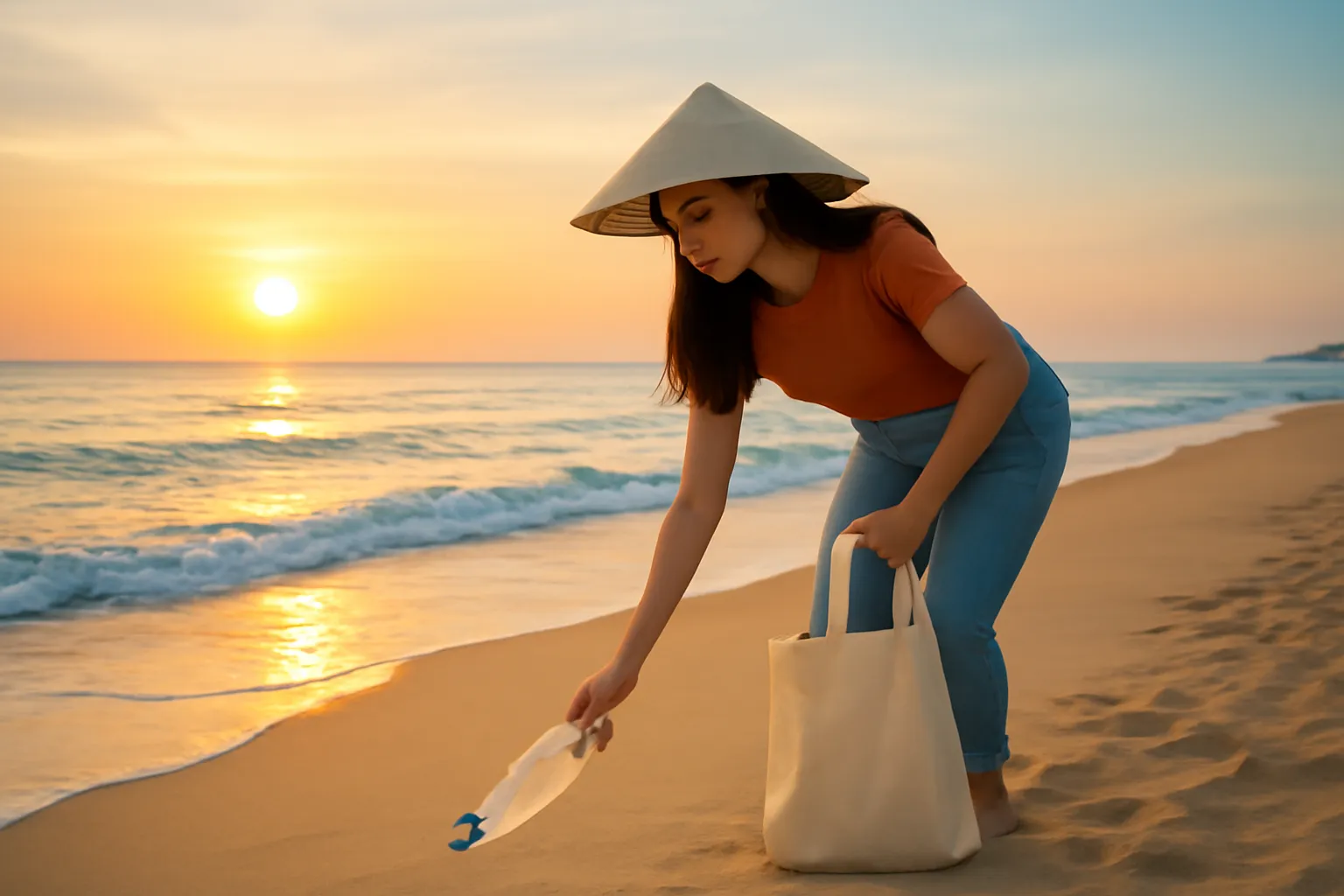 Người trẻ nhặt chai nhựa trên bãi biển vắng lúc sáng sớm