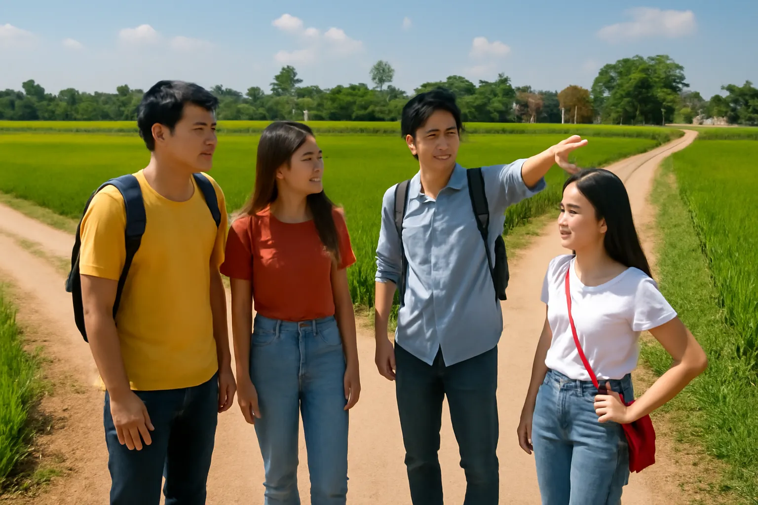 Nhóm bạn trẻ đứng ở ngã ba đường làng bàn nhau chọn lối đi tiếp