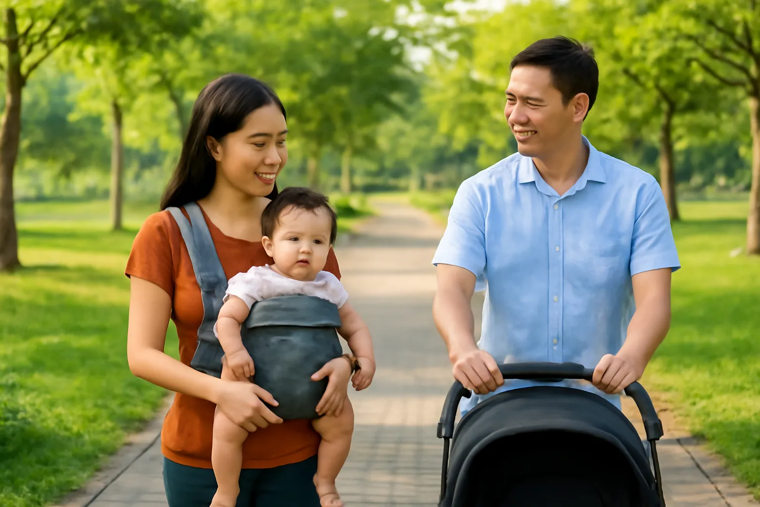 Người mẹ địu em bé đi dạo trong công viên xanh buổi sáng