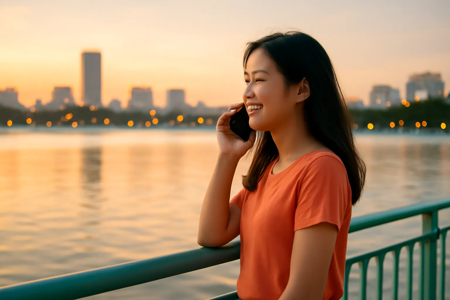 Cô gái đứng bên bờ hồ gọi điện thoại cho người nhà lúc hoàng hôn