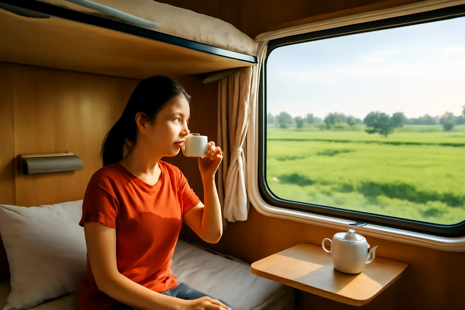 Toa tàu giường nằm buổi sáng với ánh nắng chiếu qua ô cửa sổ