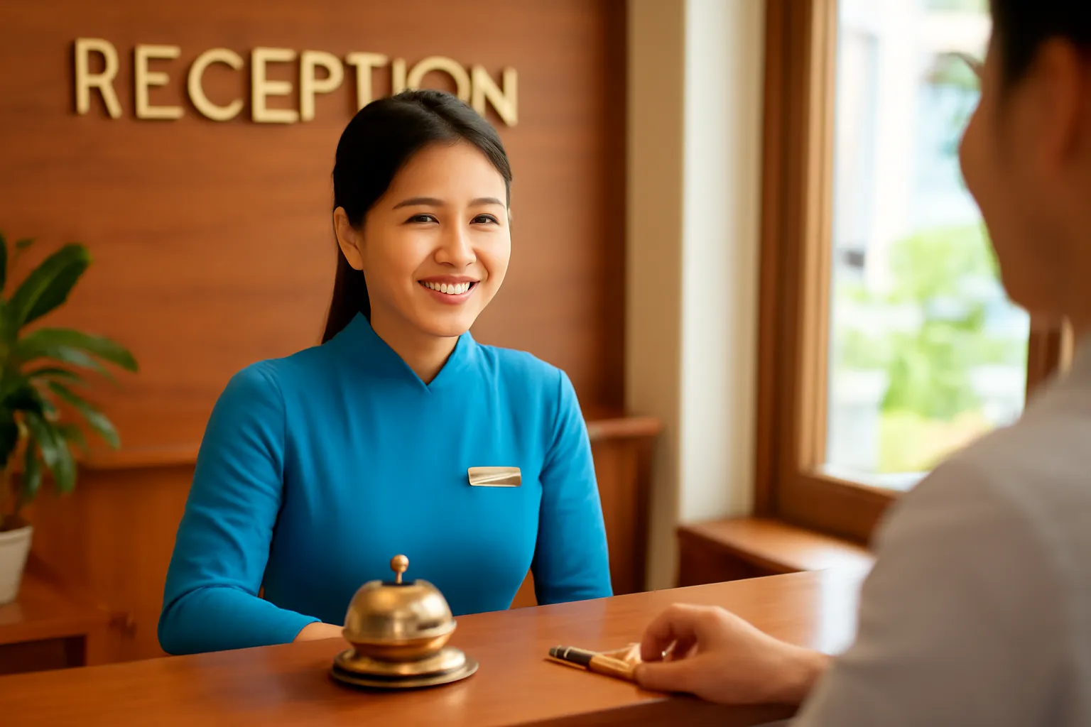 Quầy lễ tân khách sạn nhỏ với chuông bàn và chìa khoá phòng
