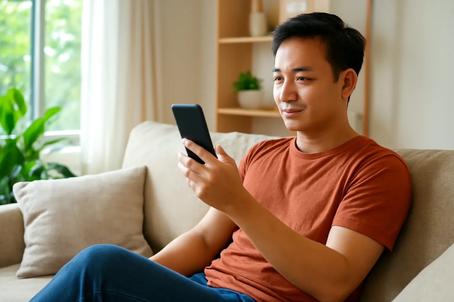 Người đàn ông ngồi sofa đọc đánh giá trên điện thoại quay đi
