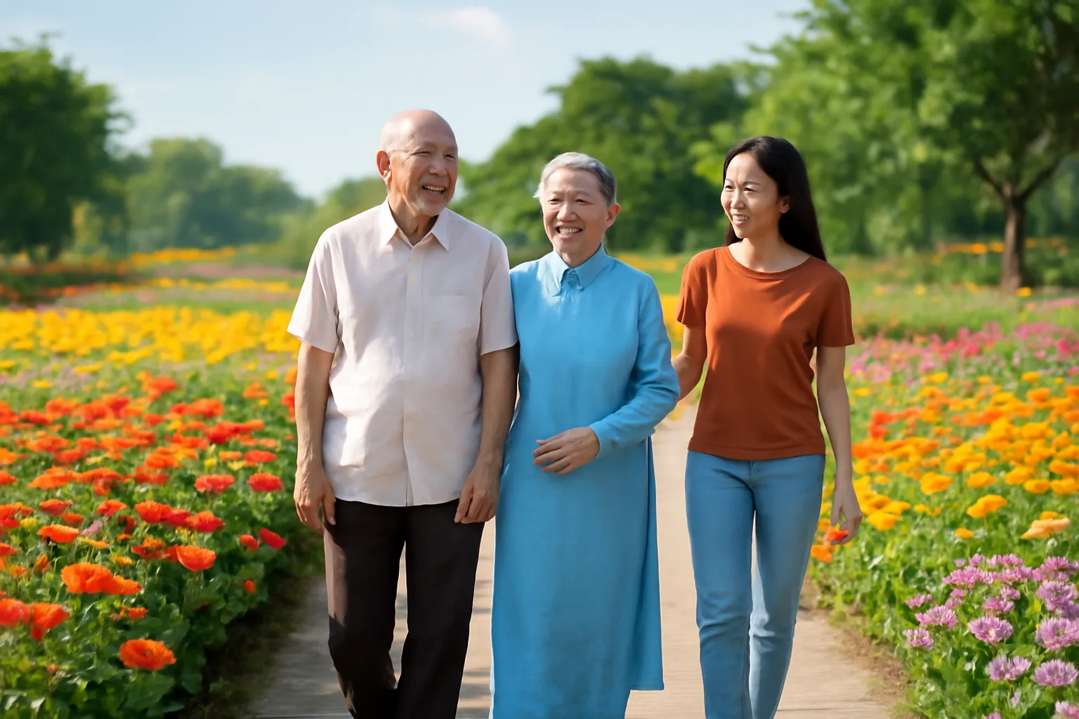 Hai ông bà lớn tuổi khoác tay nhau đi dạo trong vườn hoa rực rỡ