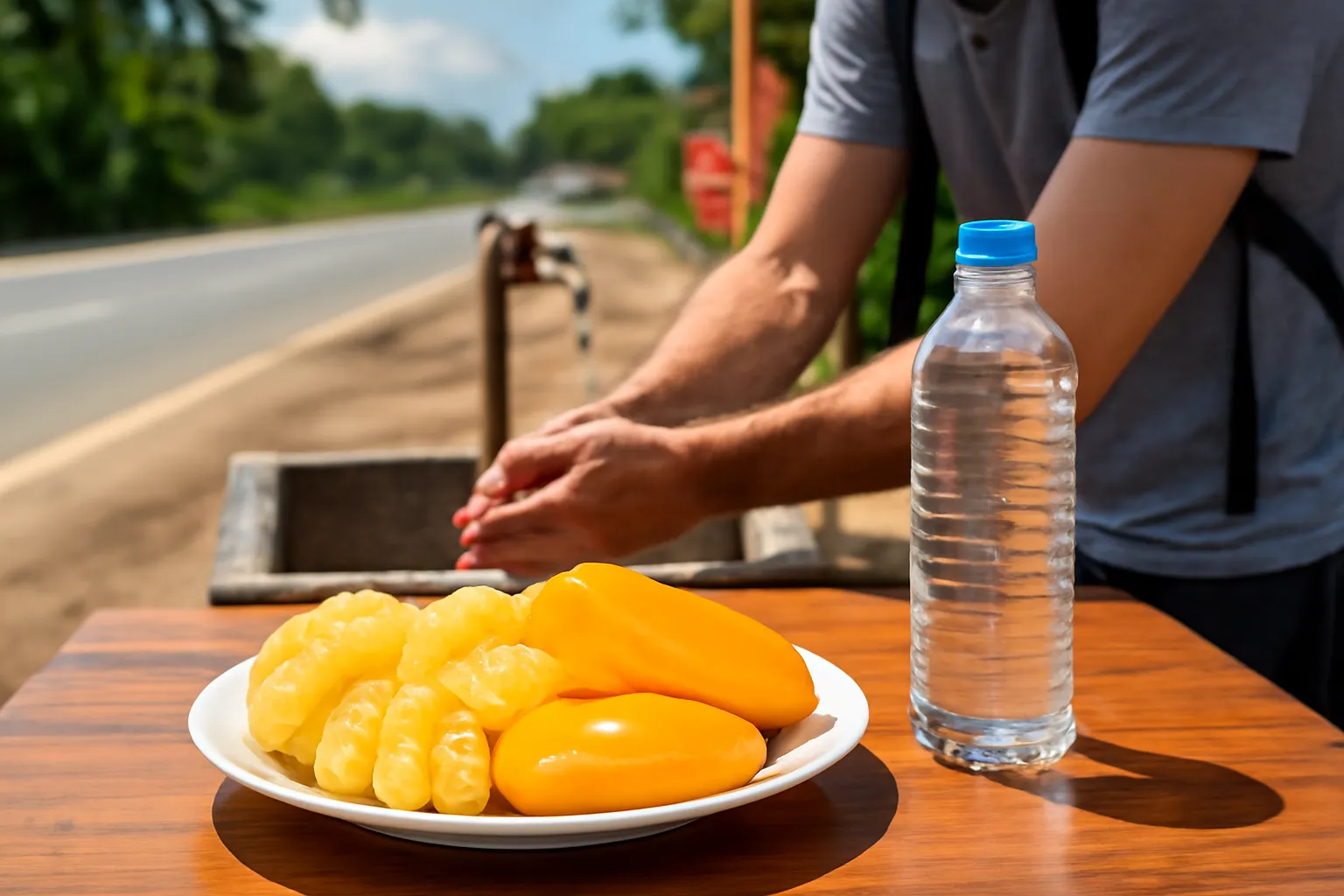 Đĩa trái cây gọt sẵn và chai nước đặt trên bàn gỗ quán ven đường