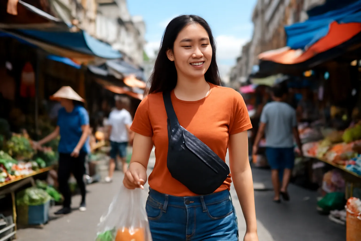 Người phụ nữ đeo túi chéo trước ngực đi giữa khu chợ đông người