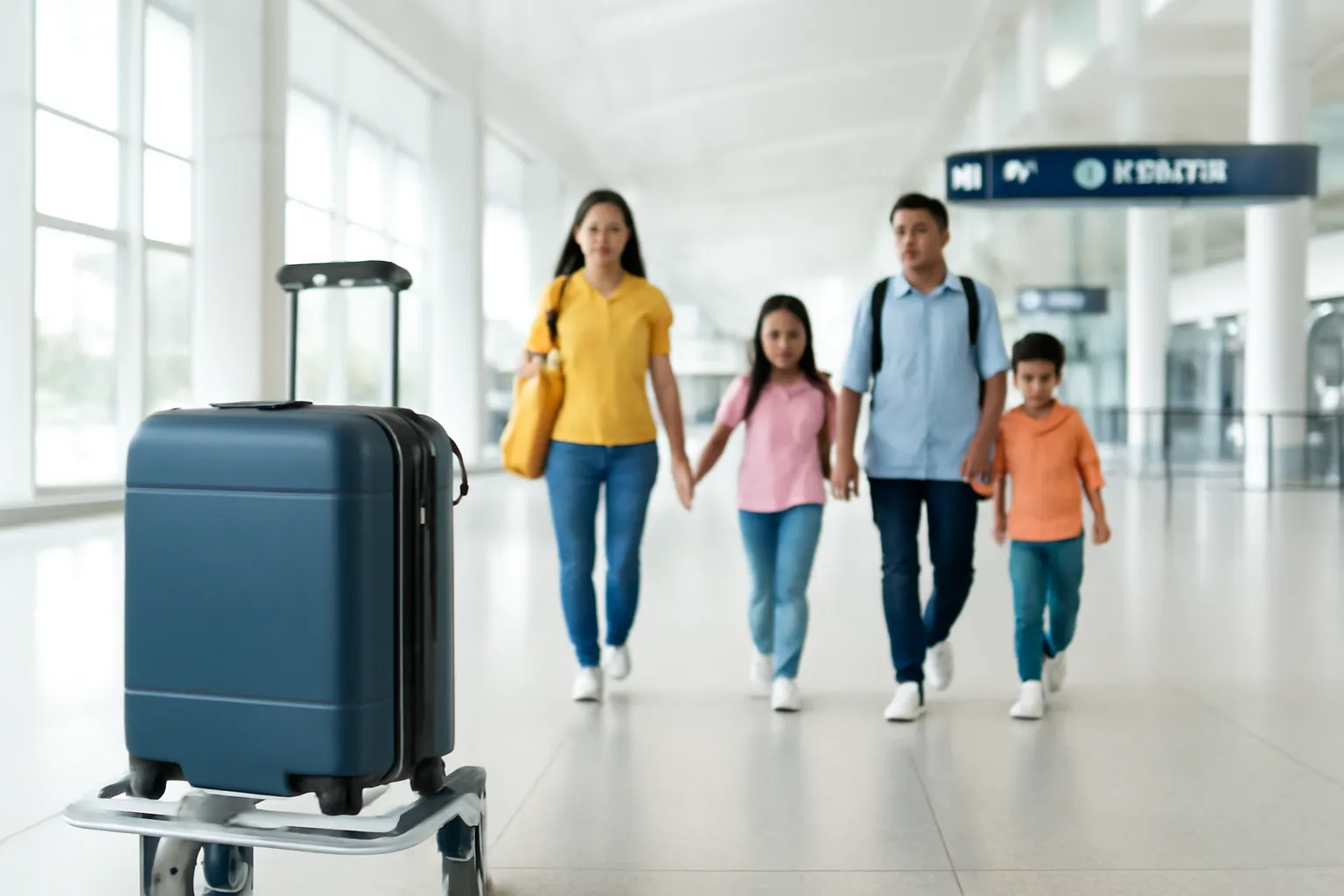 Chiếc vali trên xe đẩy ở sảnh đến sân bay sáng sủa