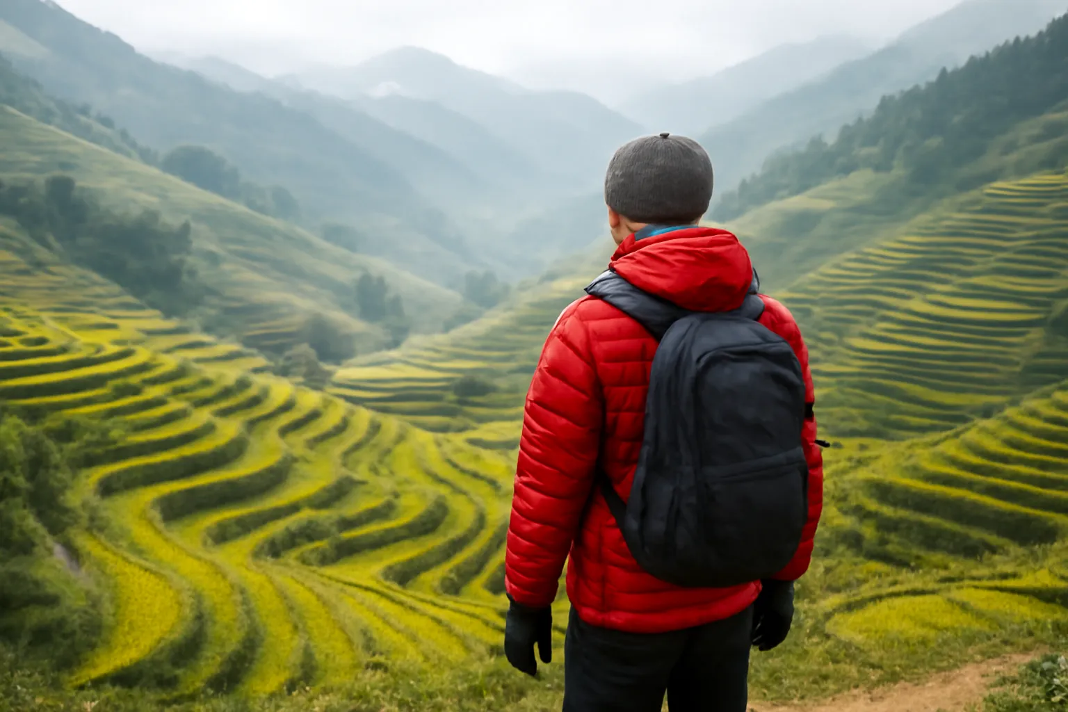 Người mặc áo phao đỏ đứng ngắm ruộng bậc thang mùa đông sương mờ