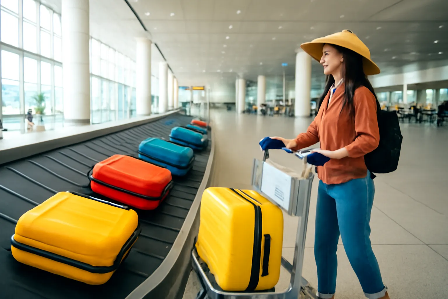 Băng chuyền hành lý ở sân bay với vài chiếc vali đang chạy chậm