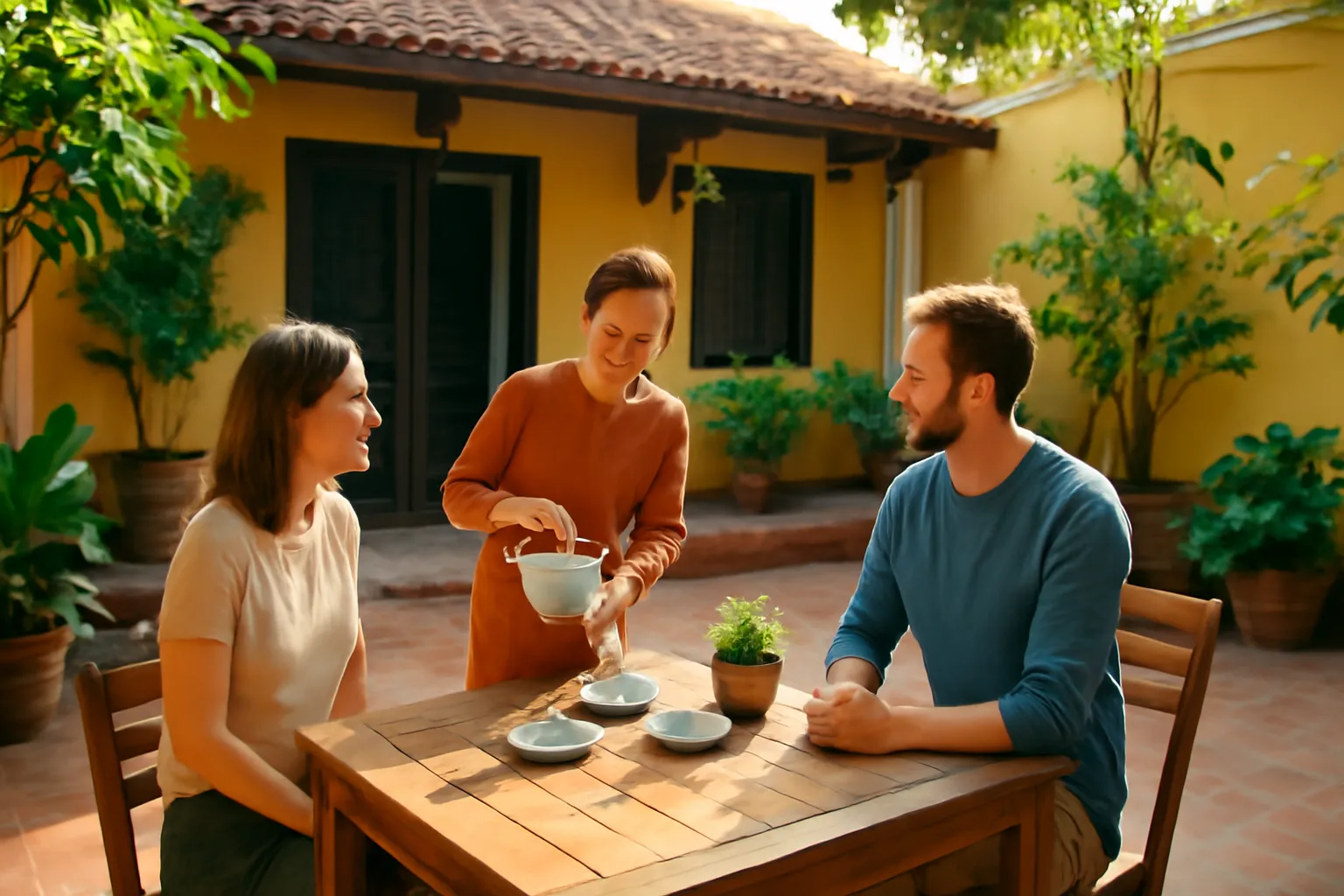 Sân vườn homestay buổi sáng với bộ bàn ghế gỗ và chậu cây xanh