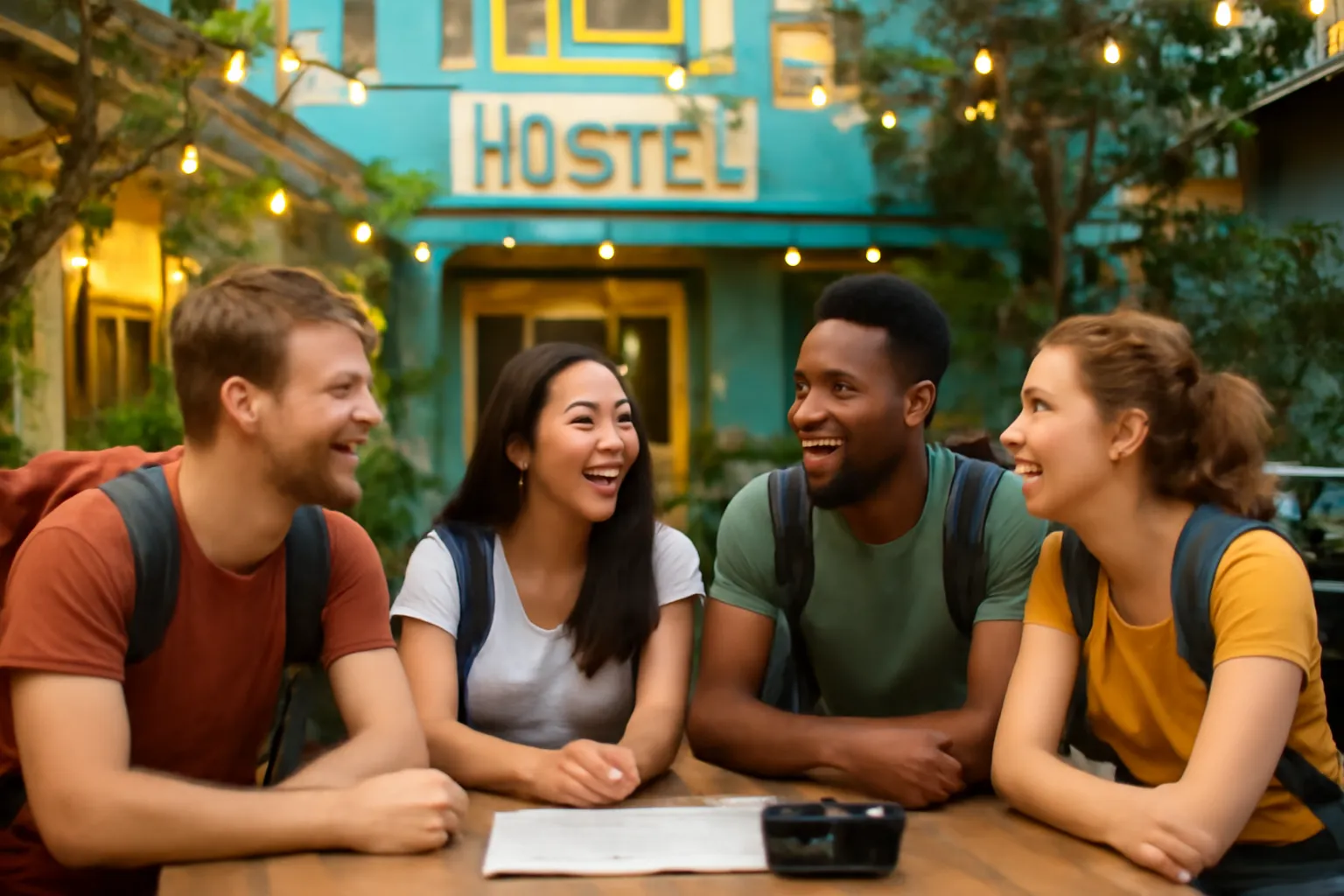 Nhóm khách du lịch lạ cùng trò chuyện vui vẻ ở sân chung của nhà trọ