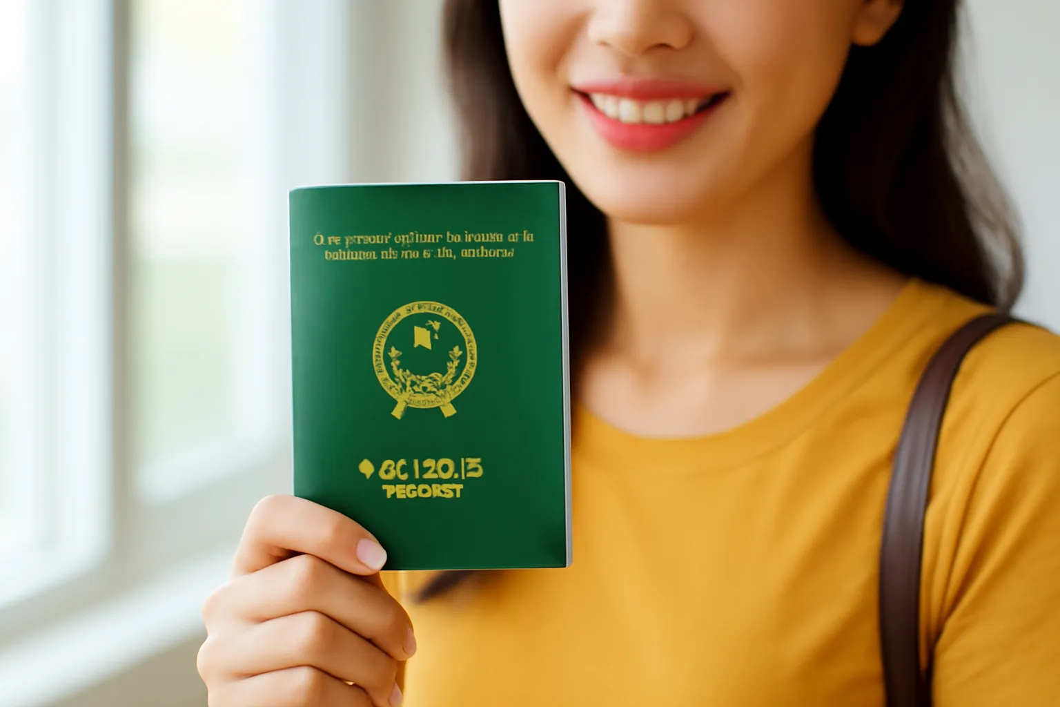 Người cầm cuốn hộ chiếu quay bìa trước cửa sổ sáng