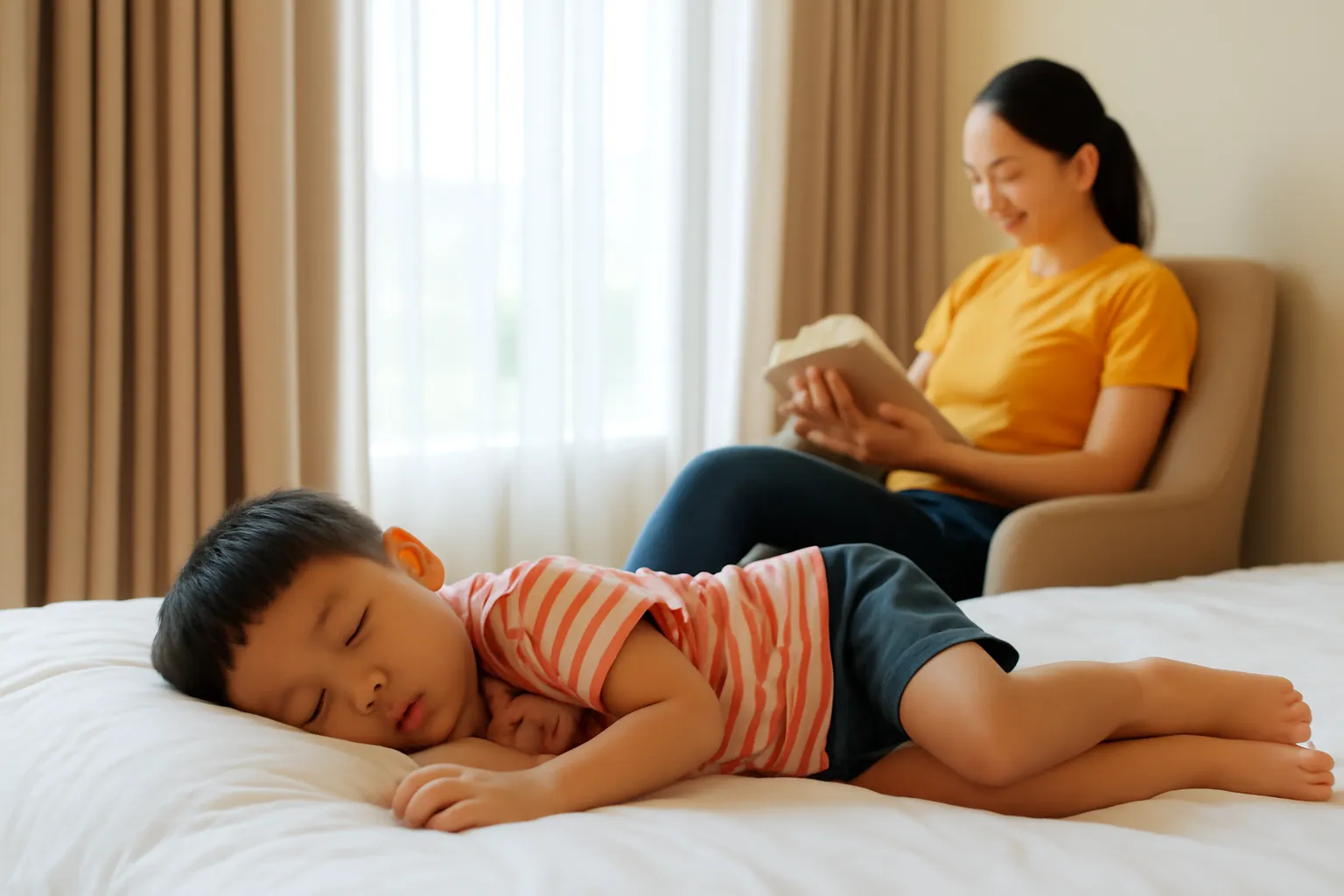 Bé trai ngủ trưa say sưa trên giường phòng khách sạn rèm khép hờ