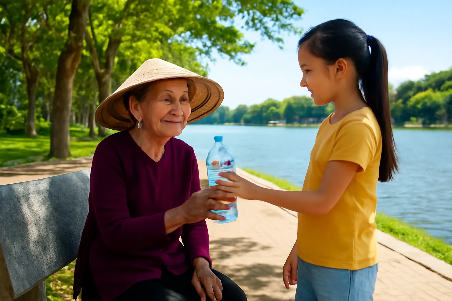 Cụ bà ngồi nghỉ trên ghế đá dưới bóng cây bên phố đi bộ ven hồ