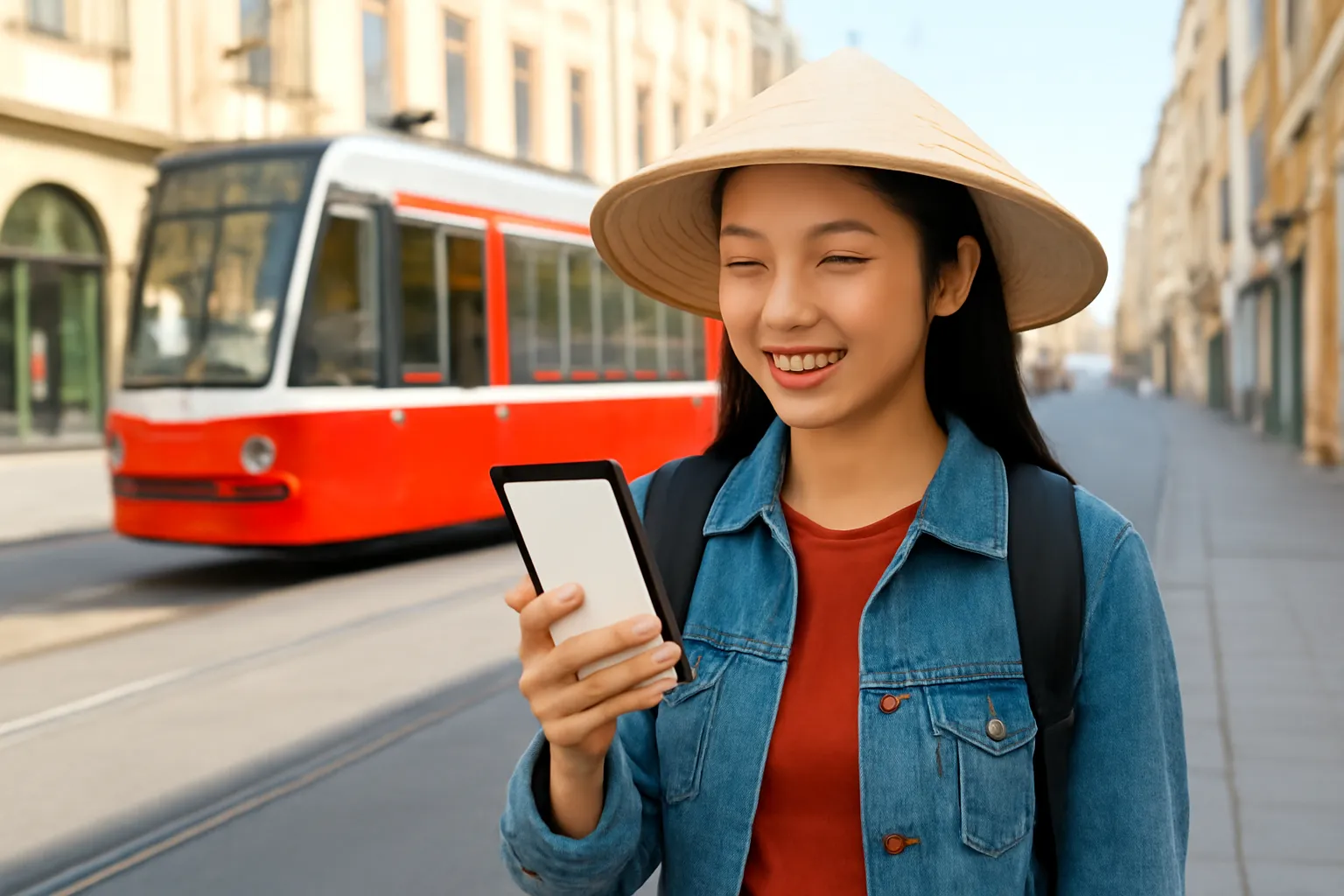Du khách đứng trên phố nước ngoài nhìn điện thoại màn hình trống