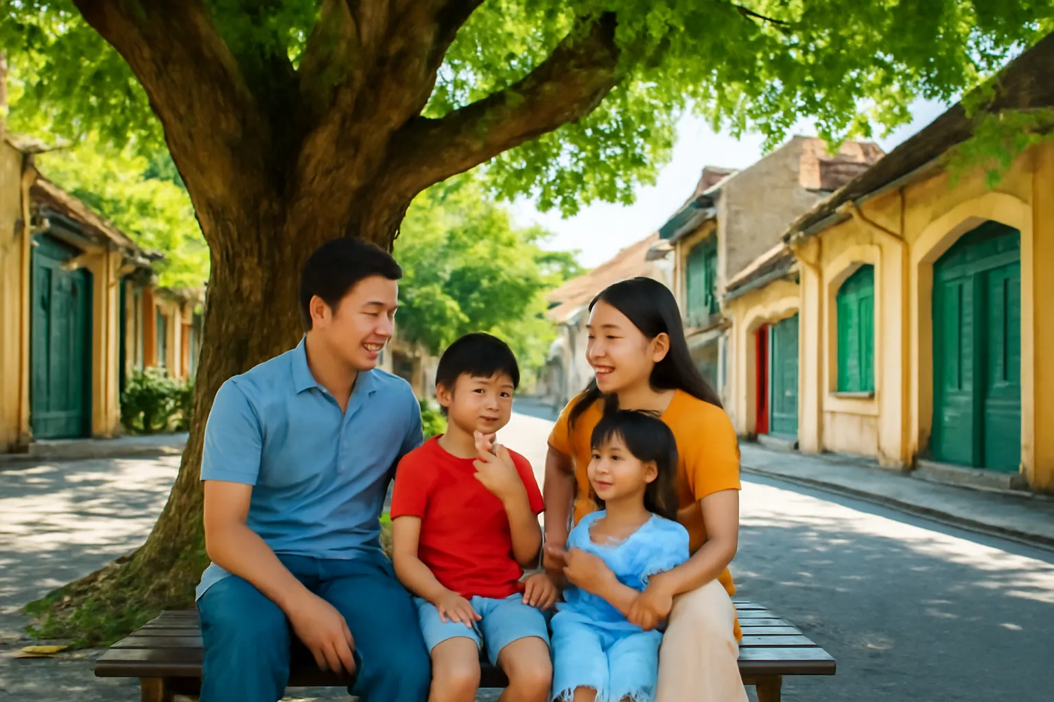 Gia đình ngồi nghỉ dưới bóng cây cổ thụ bên một con phố cổ yên tĩnh