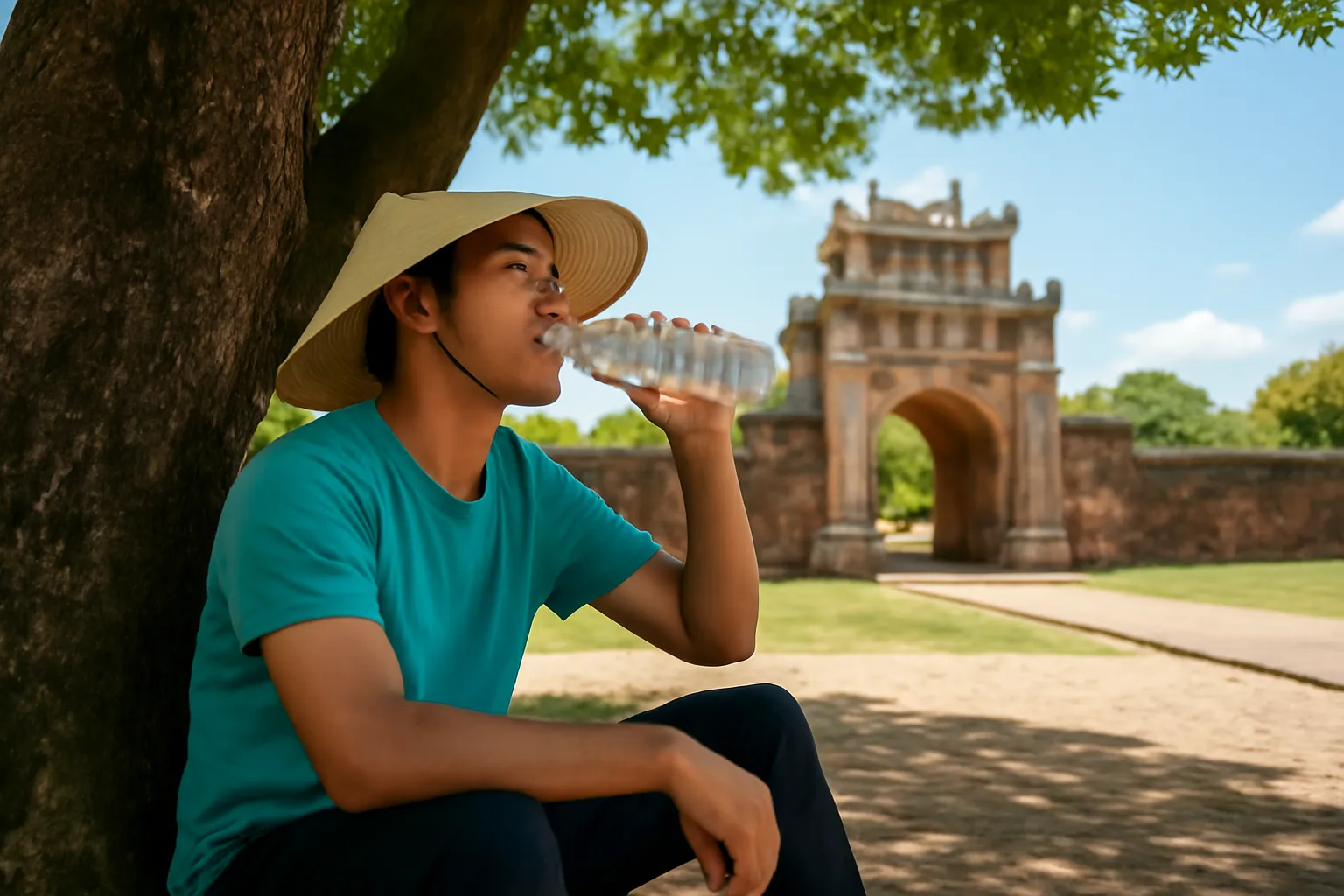 Người đàn ông ngồi dưới bóng cây uống nước giữa buổi tham quan