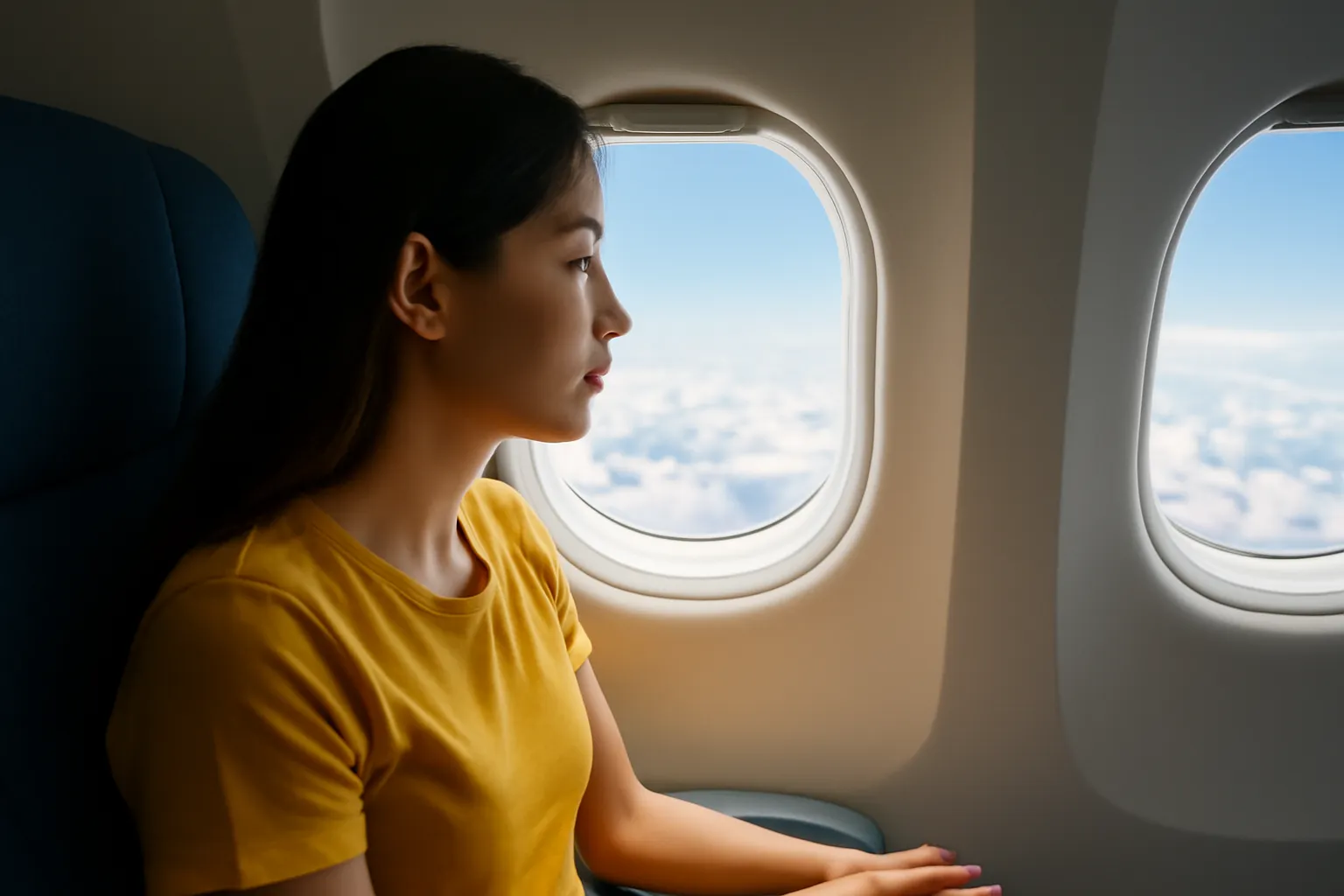 Cô gái ngồi cạnh cửa sổ máy bay nhìn ra bầu trời mây trắng