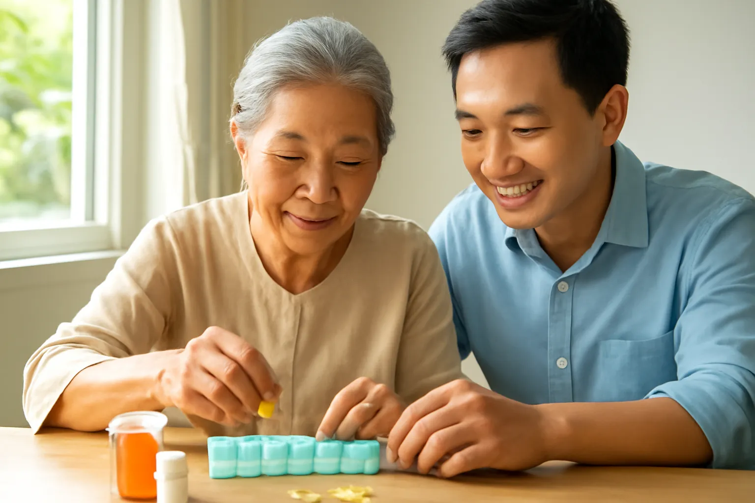 Cụ bà sắp thuốc vào hộp chia ngày bên bàn gỗ cạnh cửa sổ