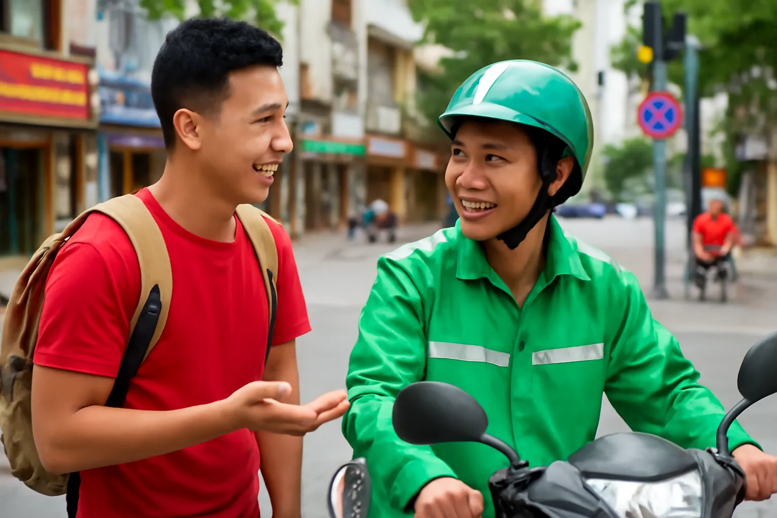Du khách đứng bên đường hỏi đường người chạy xe ôm có đội mũ bảo hiểm