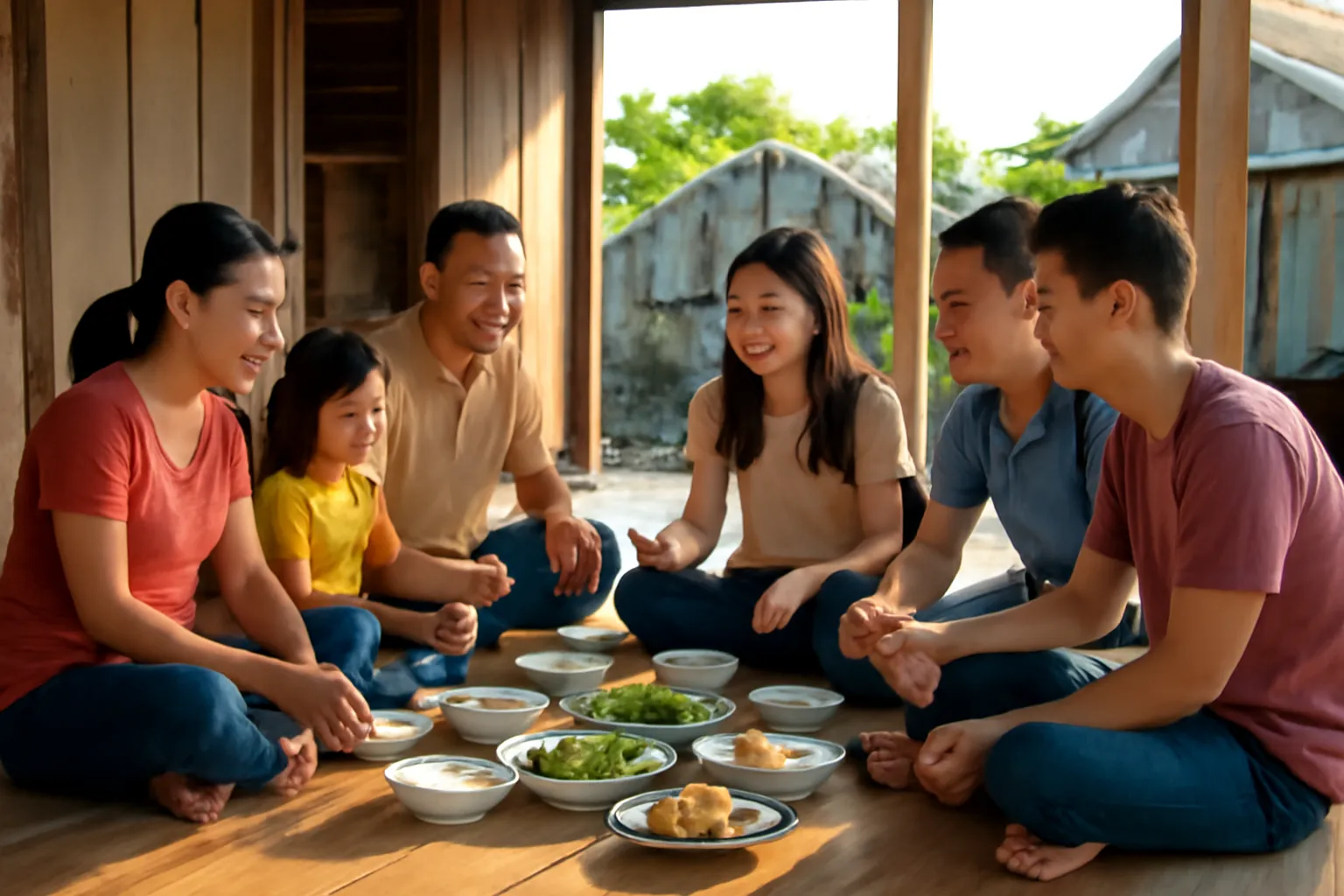 Du khách ngồi ăn cơm cùng gia đình chủ nhà trên sàn nhà gỗ