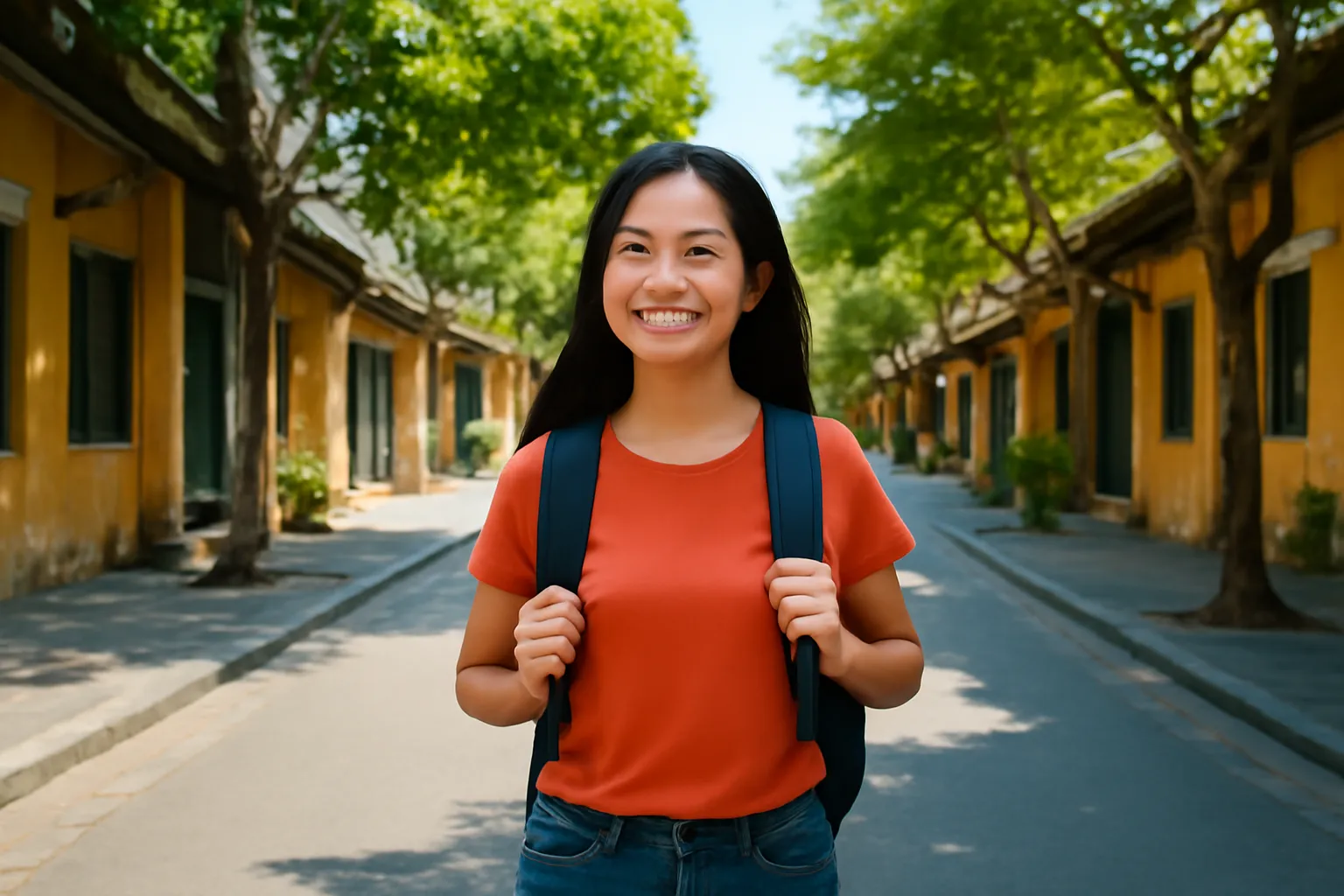 Cô gái đeo ba lô nhỏ dạo phố cổ có hàng cây xanh buổi sáng
