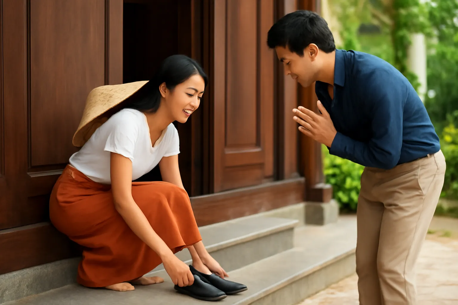 Du khách cởi giày đặt ngay ngắn trước bậc cửa một ngôi nhà gỗ