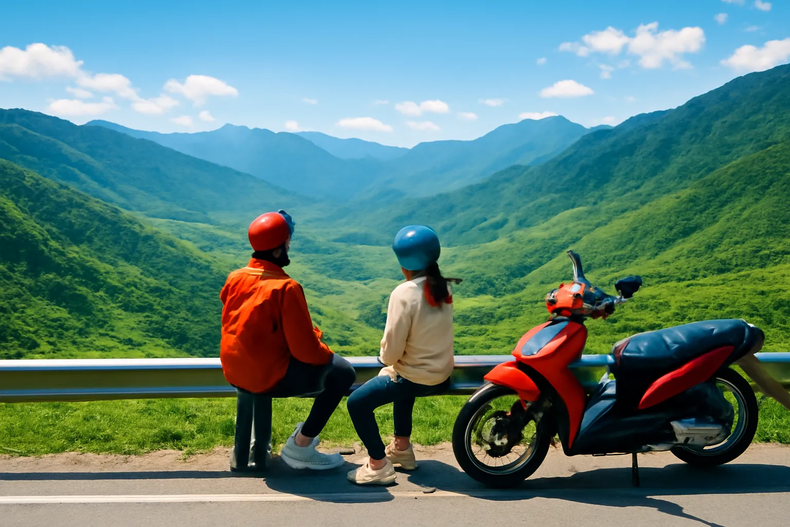 Hai người đội mũ bảo hiểm dừng xe máy bên đường đèo ngắm thung lũng