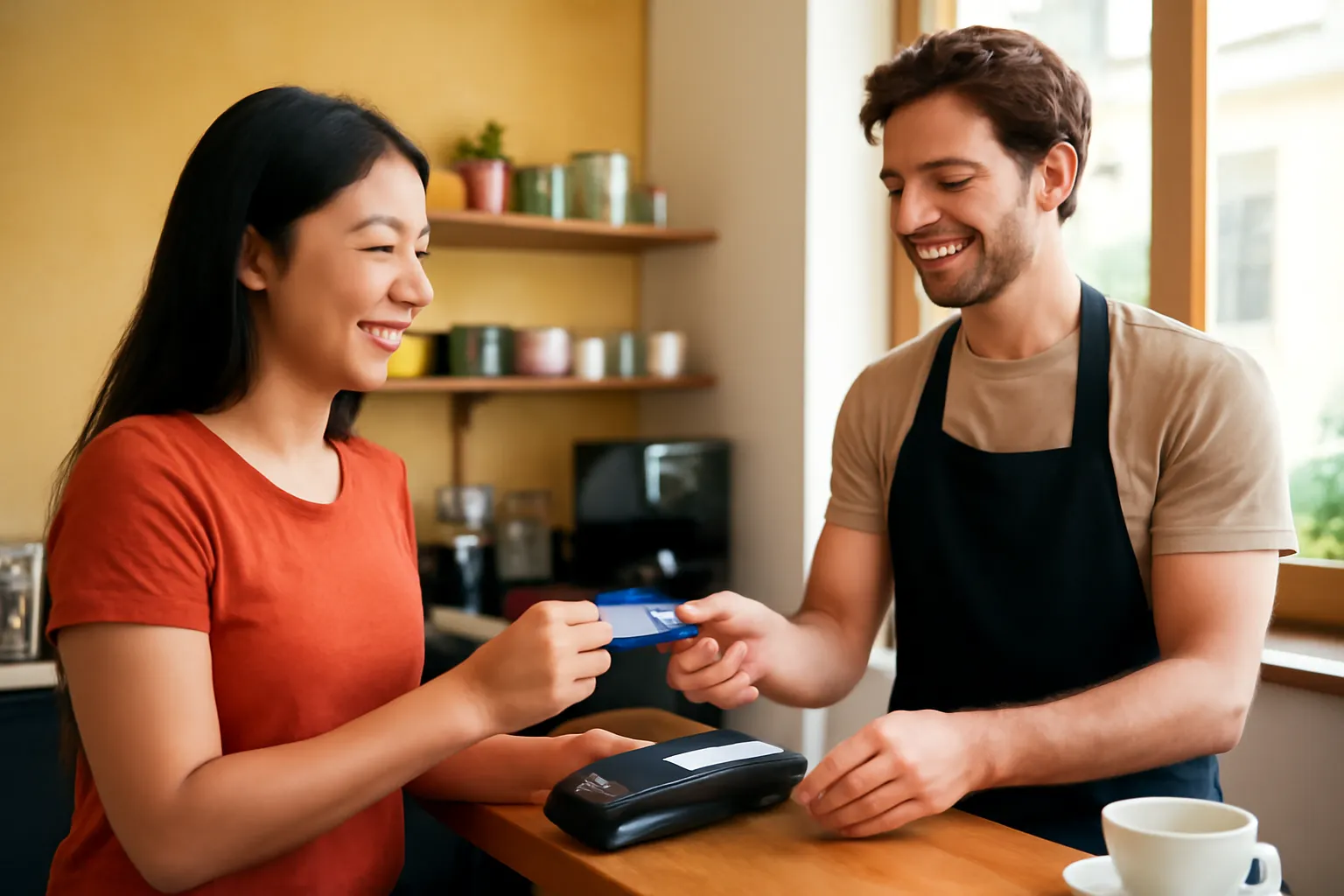 Người cầm ví đưa thẻ thanh toán ở quầy cà phê nhỏ nơi nước ngoài