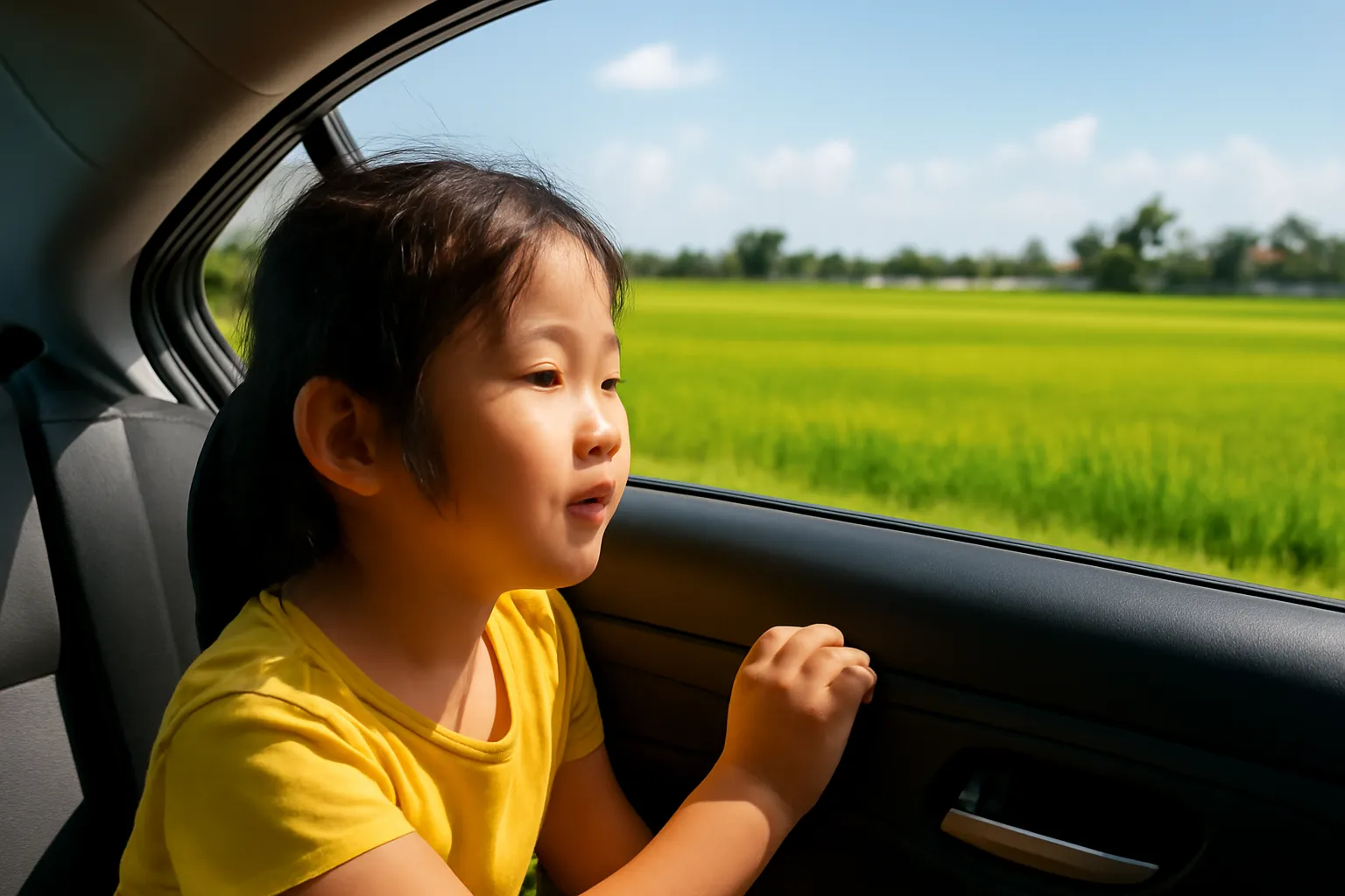 Bé gái nhìn qua cửa sổ xe ô tô ngắm đồng lúa xanh trên đường đi